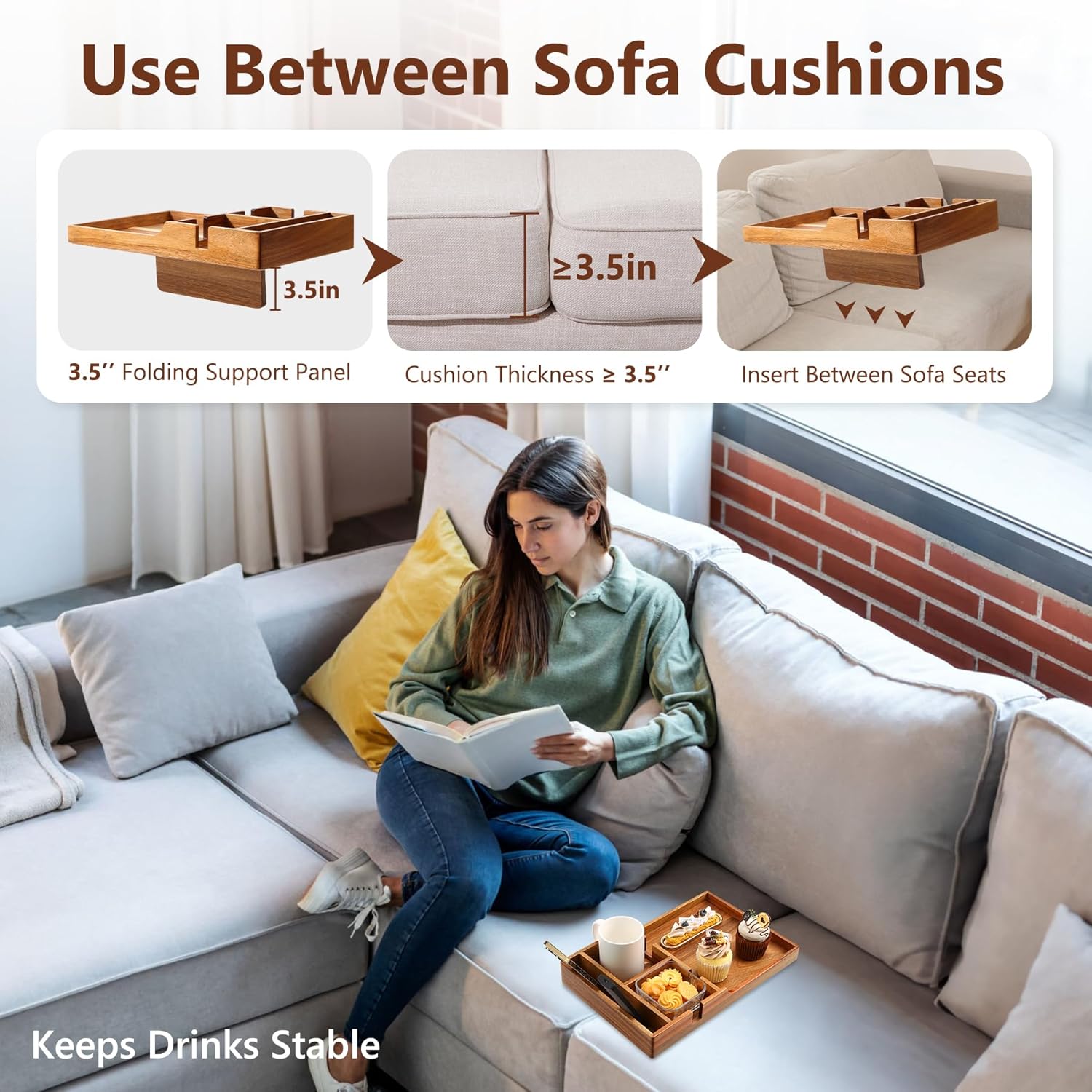 Couch Insert Tray for Middle Seat, Acacia Wood Couch Table with 2 Cup Holders, Fits Armless Sofa & Sectionals, Fold-Flat Tray for Drinks, Snacks & Remotes