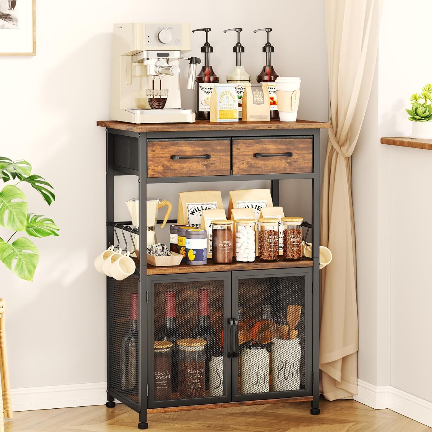 SWTYMIKI Coffee Bar Cabinet with Drawer - Coffee Stand Station with Removable Hooks, Buffet Cabinet for Coffee Maker or Microwave, Kitchen Bar Table Storage Organizer (Espresso, 20.47"x13.78"x31.3")