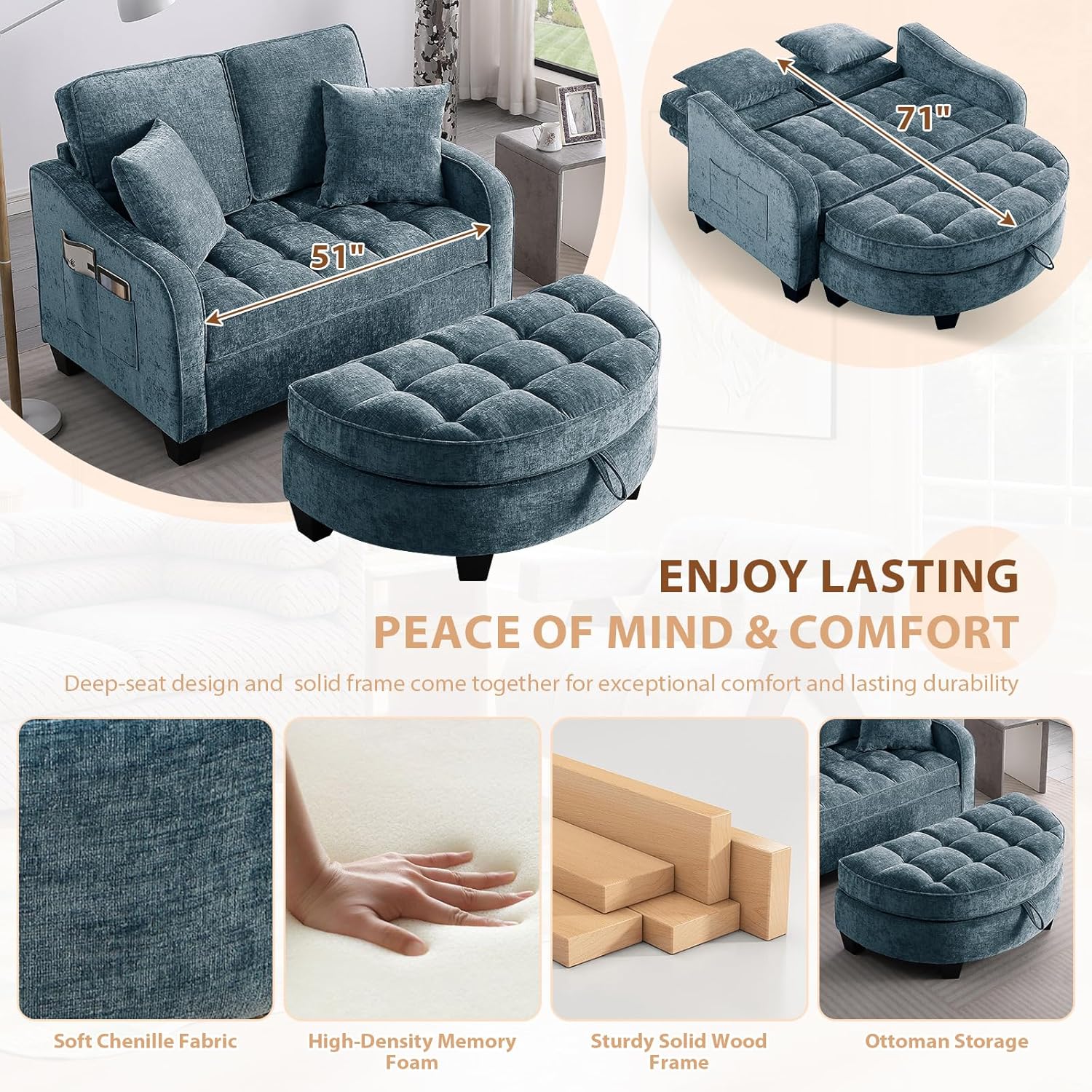 Oversized Curved Chaise Lounge Chair Indoor with Ottoman, 54.8" Cloud Boneless Reading Chair Soft Chenille Circle Couch w/Adjustable Backrest for Living Room, Apartroom, Bedroom, Blue