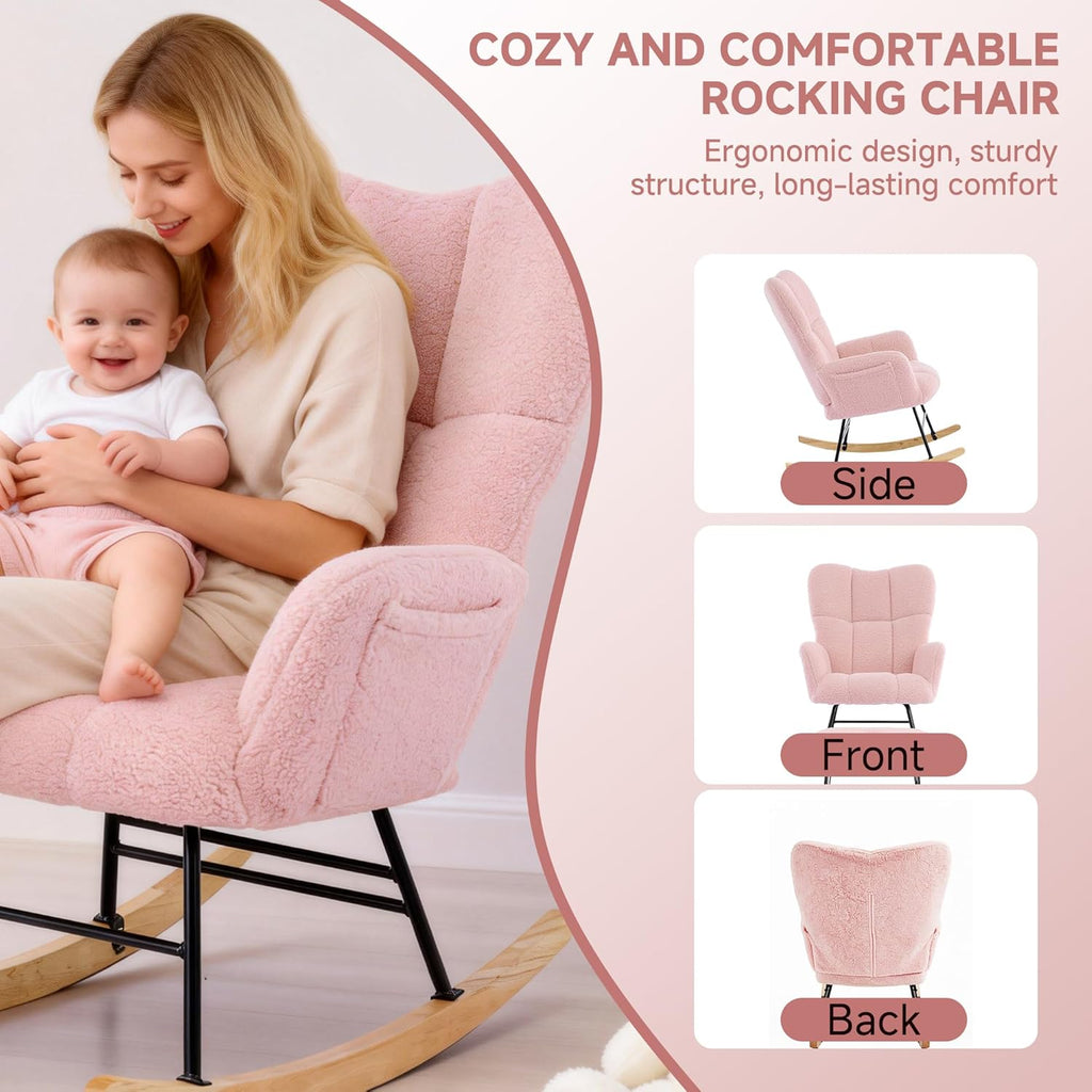 KEEZY Nursery Rocking Chair with Footrest Upholstered Glider Rocker Padded Seat with High Backrest Armchair Comfy Side Chair for Living Room Bedroom Pink Sherpa