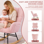 KEEZY Nursery Rocking Chair with Footrest Upholstered Glider Rocker Padded Seat with High Backrest Armchair Comfy Side Chair for Living Room Bedroom Pink Sherpa