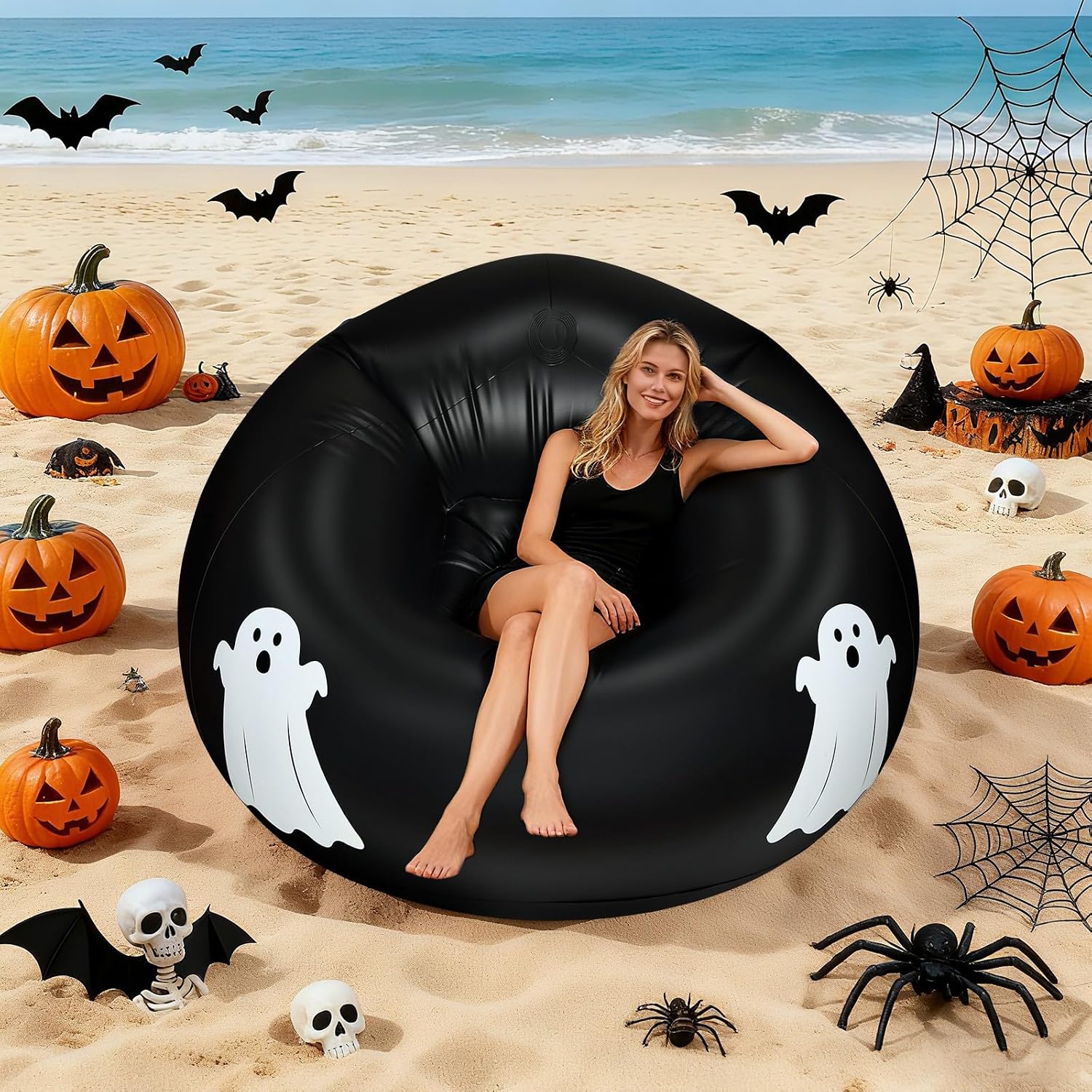 Inflatable Bean Bag Chair Sofa for Kids with Ghost Pattern Glow in the Dark, Blow up Air Lounge Chairs Furniture Couch for Camping Movie Night Party Halloween Decorations Decor