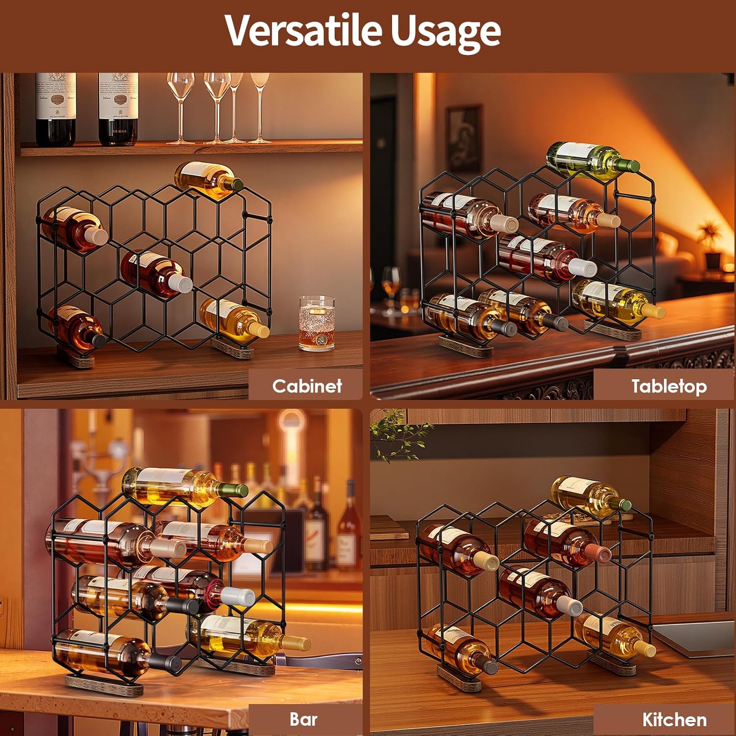 Nuovoware Countertop Wine Rack, 14-Bottle, 3 Tier, Black+Brown | Wine Bottle Organizer Storage, Freestanding Modern Carbon Steel Holder, Hexagonal Structure, for Cabinet, Pantry