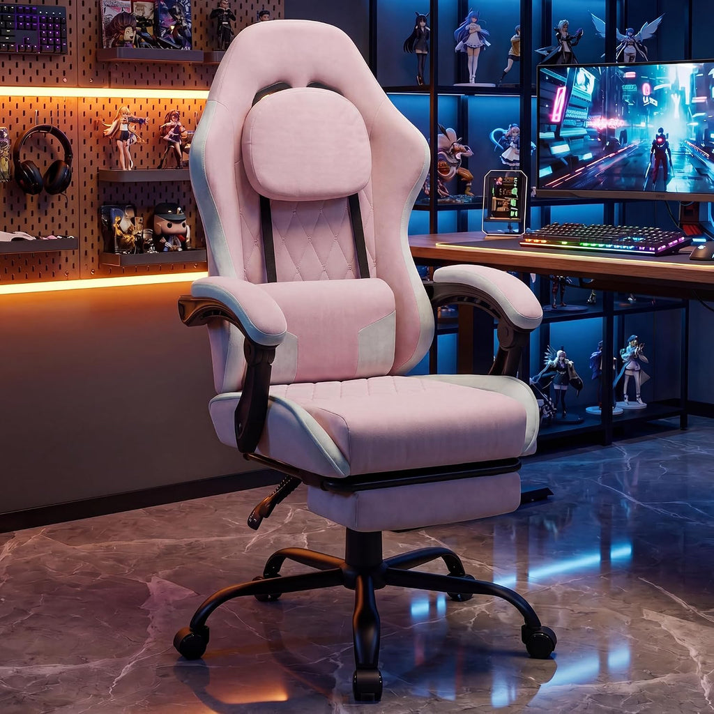 Shintenchi Gaming Chair, Ergonomic Office Chair with Footrest, Lumbar Support and Linkage Armrests, Swive Home Video Game Chairs for Adults, Pink