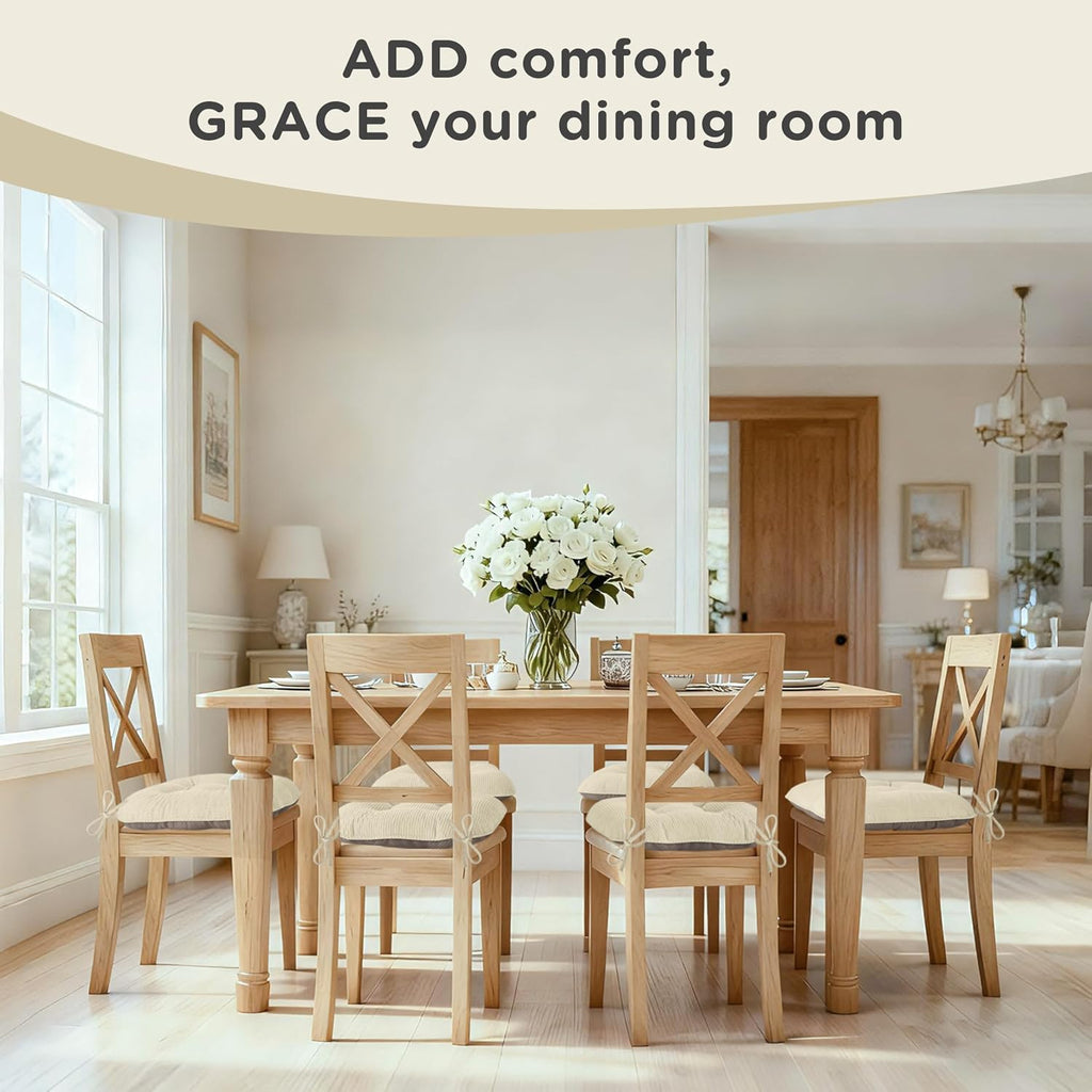 AddGrace Chair Cushions for Dining Chairs Set of 2 Non-Slip Kitchen Seat Cushions with Ties Tufted Thick Seat Pads for Indoor Kitchen Dining Furniture 17"x16"x3" Beige