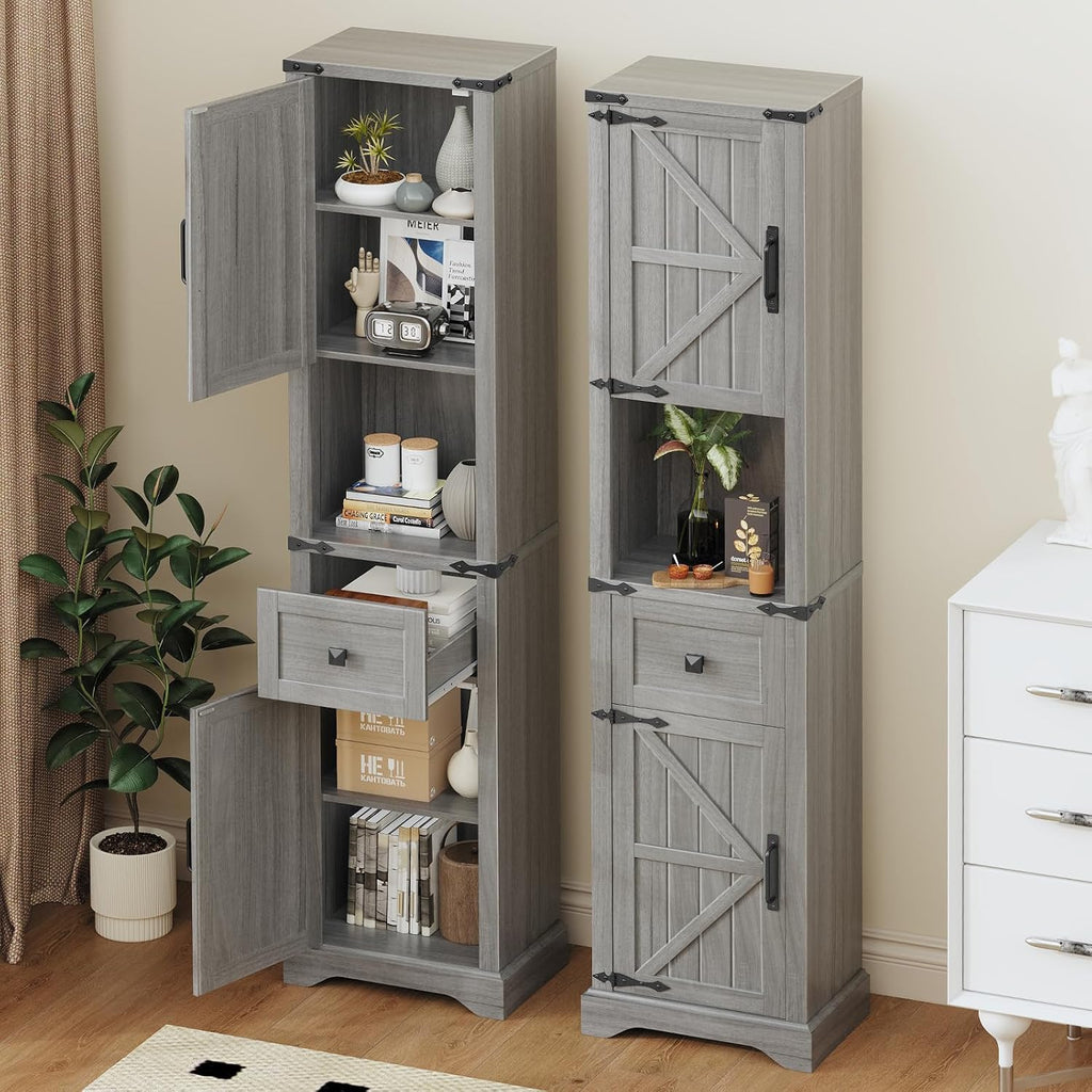 Vabches 66" Tall Farmhouse Bathroom Storage Cabinet with Barn Doors and Drawer, Narrow Storage Unit, Adjustable Shelves & 5-Tier Space, Freestanding Cabinet for Bathroom, Entryway, Kitchen, Wash Grey