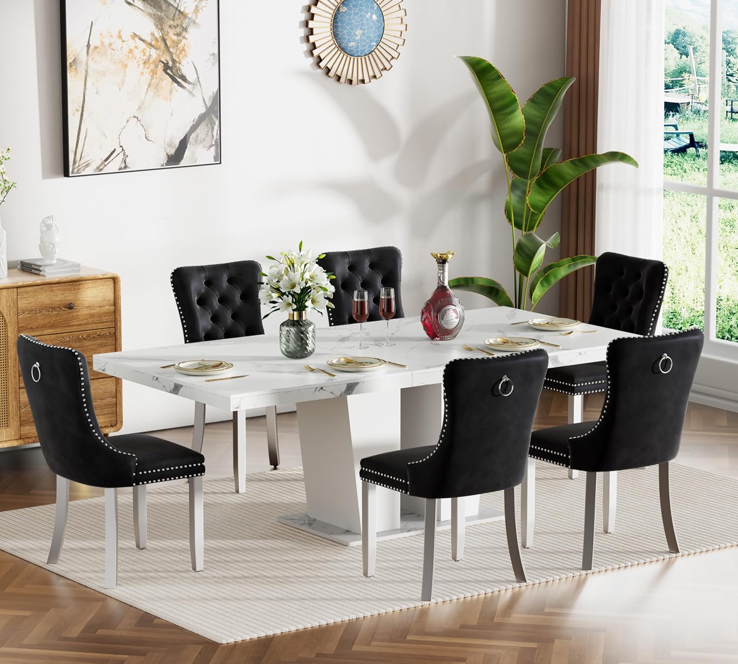 78.74" Extendable Dining Table for 6 8 10 Person, Modern White Faux Marble Expandable Kitchen Table with Dual Column Pedestal, Large Rectangle Wooden Expanding Table for Kitchen Dining Conference Room