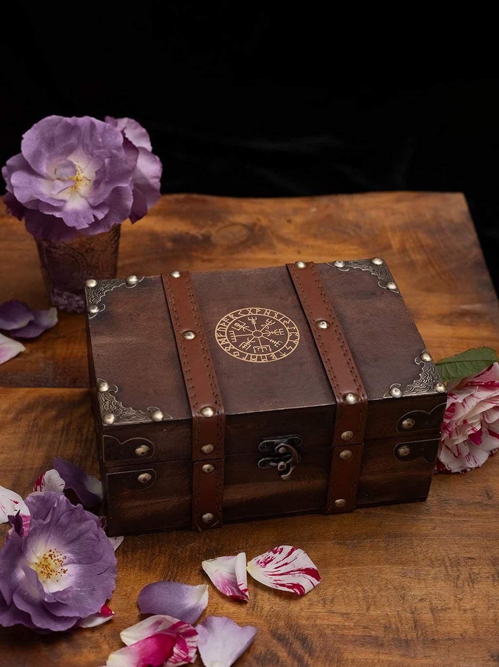 Gbrand 8.3" Wood and Leather The Runic Viking Compass Chest Box,Vegvisir Engraved Wooden Treasure Box with Velvet Lining,Vintage Tarot Box