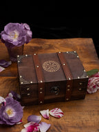 Gbrand 8.3" Wood and Leather The Runic Viking Compass Chest Box,Vegvisir Engraved Wooden Treasure Box with Velvet Lining,Vintage Tarot Box