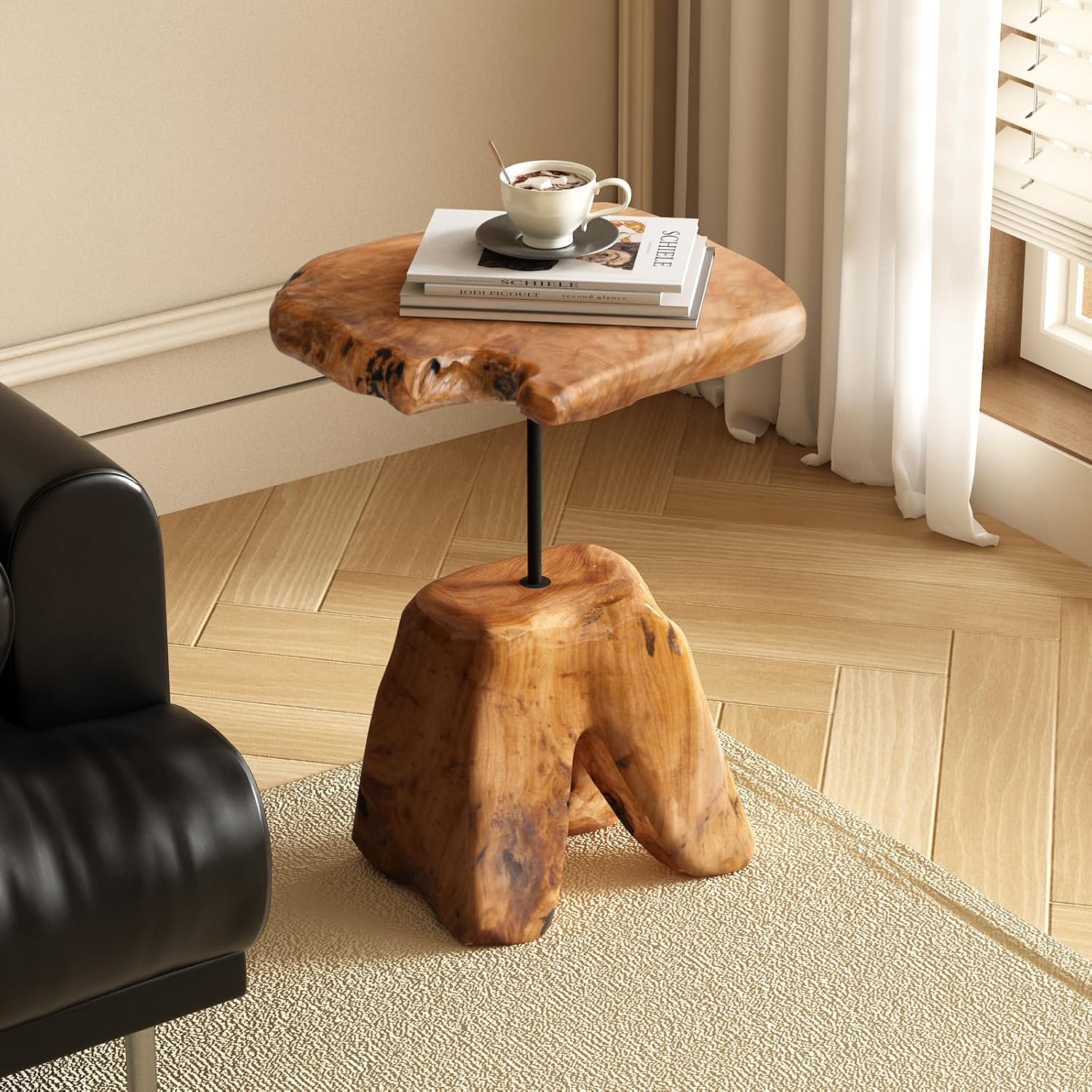 WELLAND Natural Edge Cedar Stump Side Table with Tree Root Base - Unique Handmade Wood Accent Table 14 W x 19" H