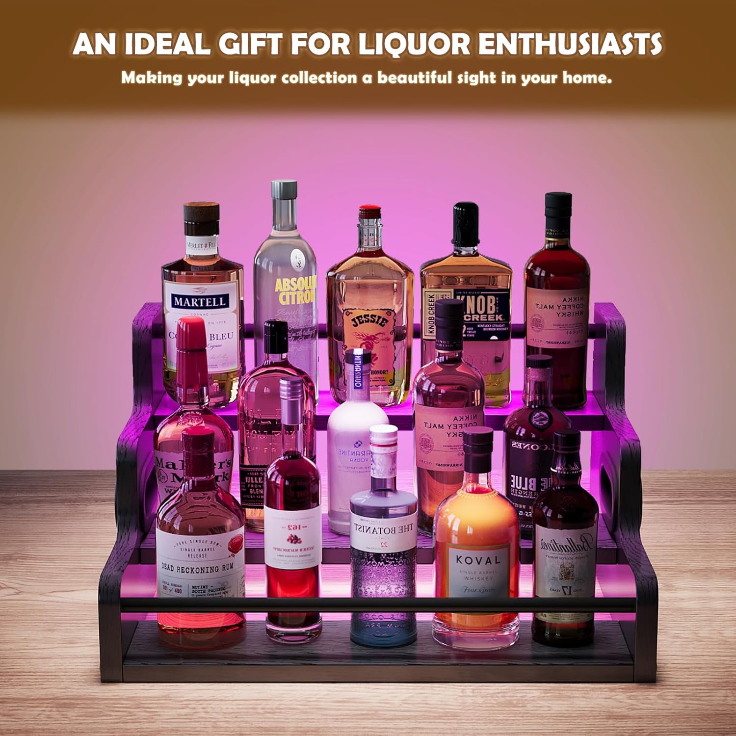 Liquor Bottle Display Shelf, LED Wine Bottle Display Rack with Remote Control, 3-Tier Bar Shelf Stand, Whiskey Spirits Wine Holder for Tavern, Liquor Cabinet, Coffee Syrup Rack for Home(Black)