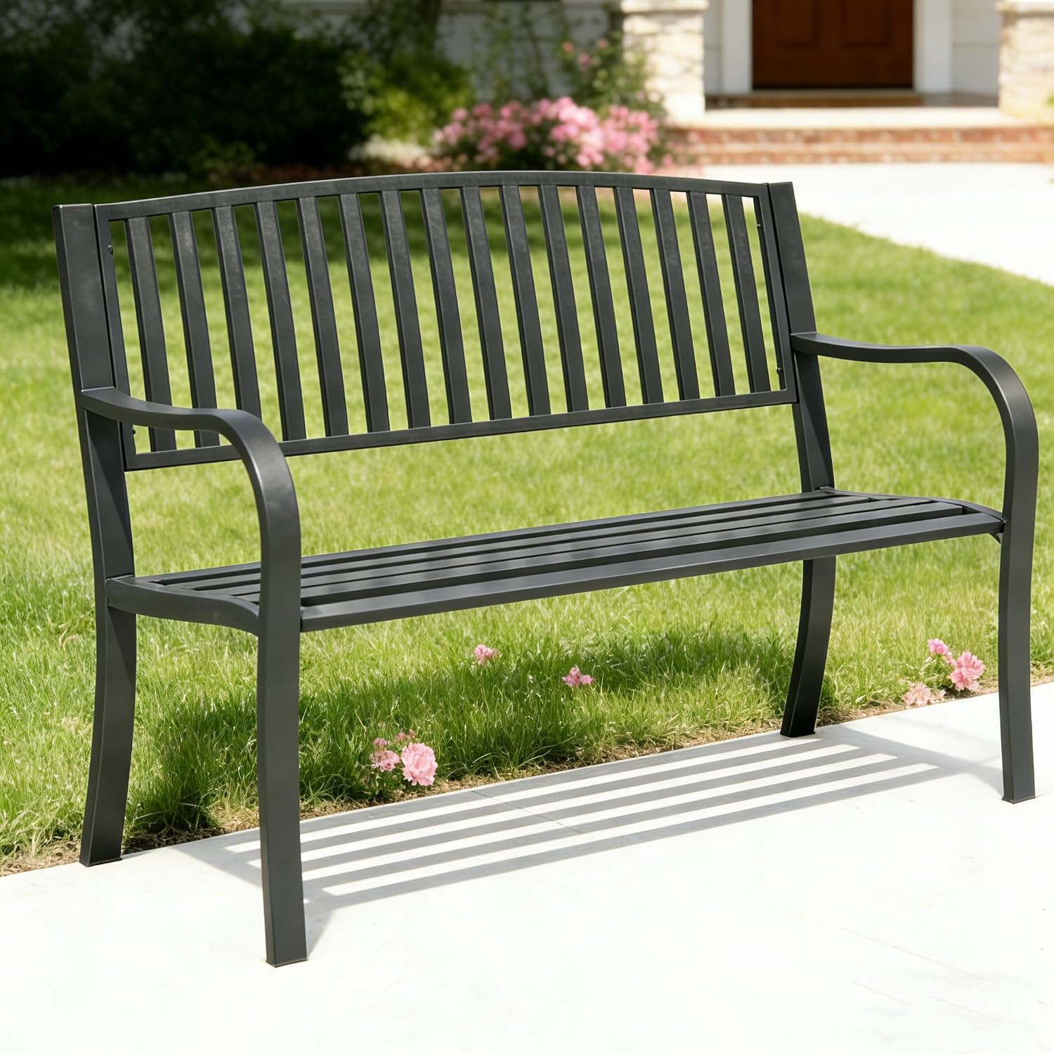 YLGJ&TIDY 50 Inches Garden Benches for Outdoor Patio Bench with Stripe Pattern Backrest Armrest Weatherproof Park Benches Metal Bench for Garden Park Porch Lawn Yard (Vertical Line)