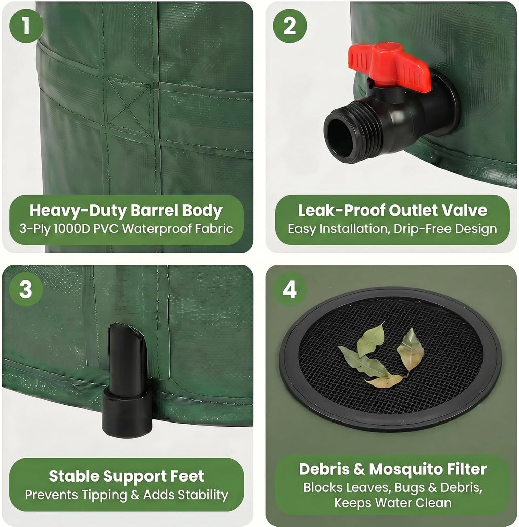 Collapsible 50 Gal Rain Barrel with Overflow Kit – Leakproof Water Storage Tank with Dual Spigots & Fine Mesh Filter, Ideal for Garden Irrigation, Car Washing, and Yard Cleaning