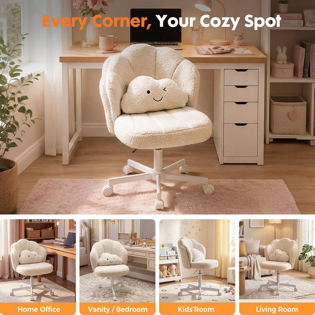 COMHOMA Petal Vanity Chair with Wheels, Cute Desk Chair for Girls Women, Upholstered Home Office Chair with Backrest, Height Adjustable Armless Swivel Chair for Bedroom, Teddy Fleece, Beige
