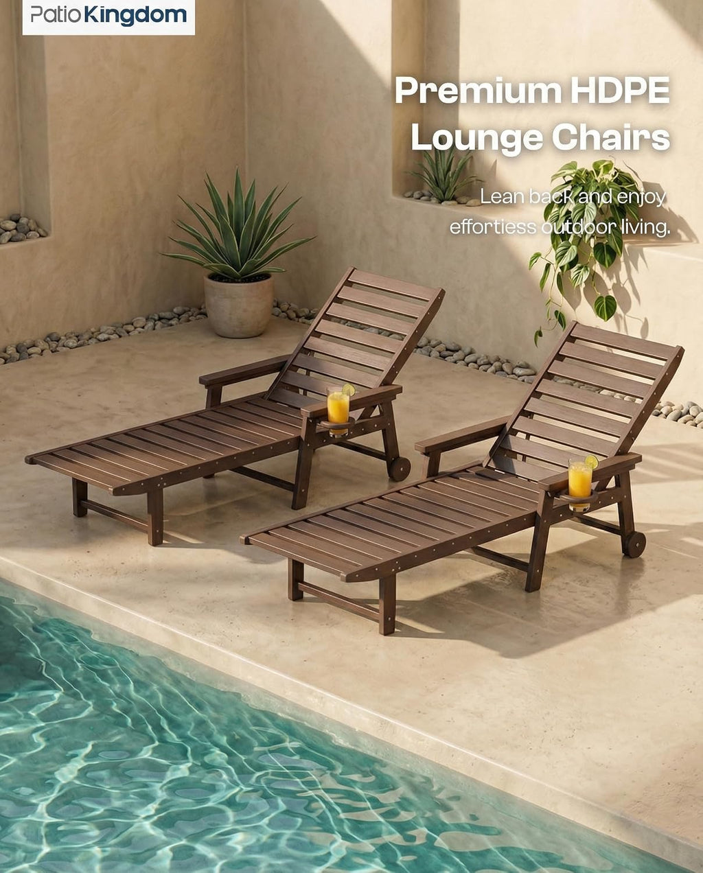 5-Position Adjustable Lounge Chair Outdoor Set of 2, HDPE Outdoor Chaise Lounge with Cup Holder & Wheels, Pool Lounge Chairs for Poolside, Beach, Deck, Brown
