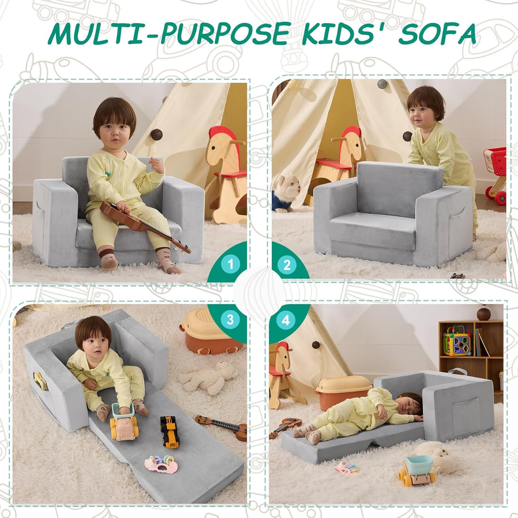 Kids Couch, 2-in-1 Toddler Chair Comfy 1-3 Years Old, Convertible Kids Chair, Toddler Couch Sofa, Kid Sofa to Lounge Bed for Boys and Girls Gifts, Kids Recliner, Grey