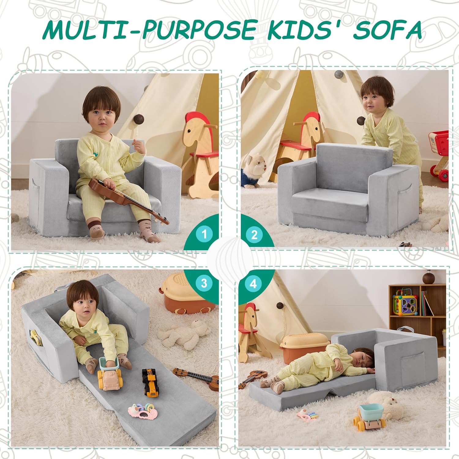 Kids Couch, 2-in-1 Toddler Chair Comfy 1-3 Years Old, Convertible Kids Chair, Toddler Couch Sofa, Kid Sofa to Lounge Bed for Boys and Girls Gifts, Kids Recliner, Grey