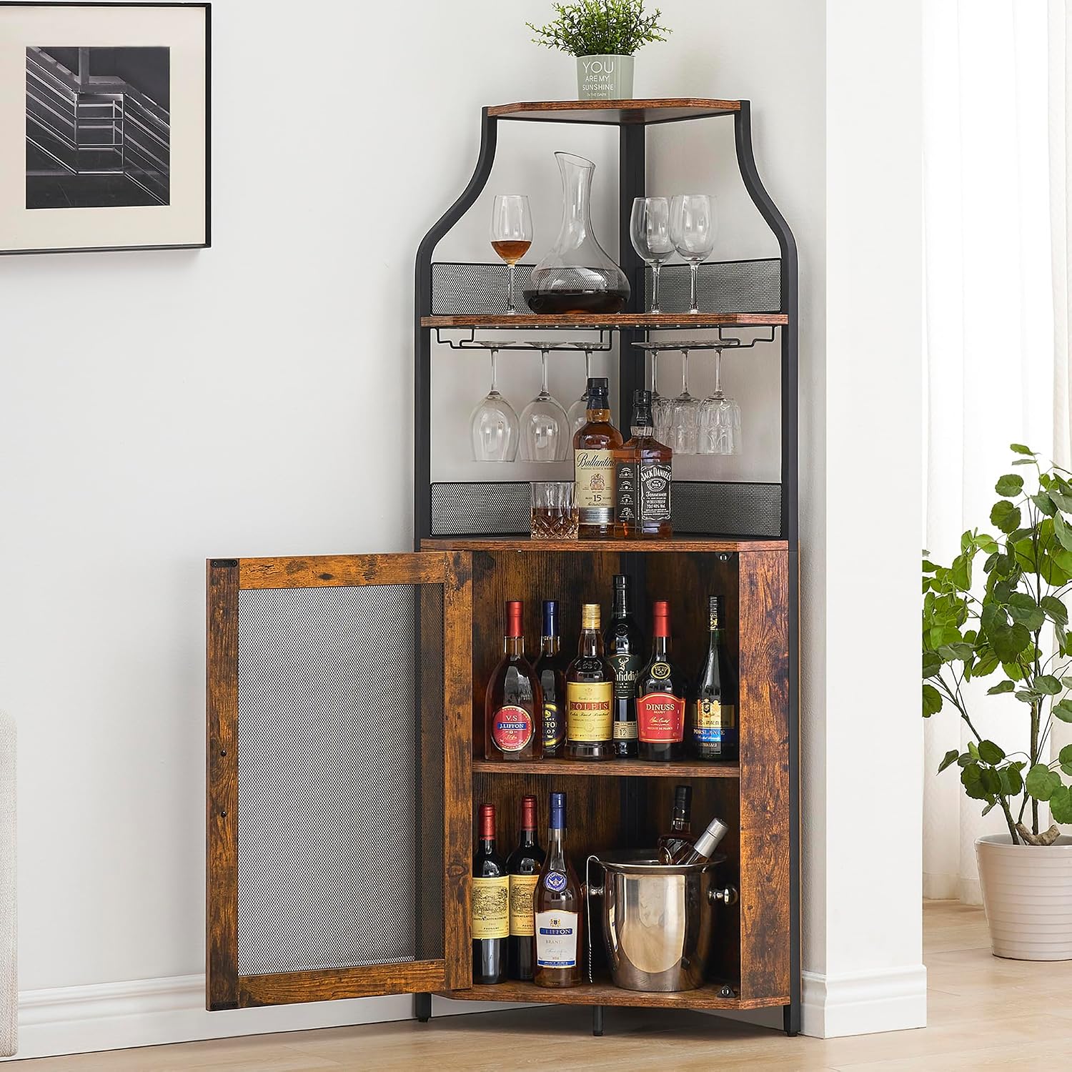Amyove Corner Wine Bar Cabinet with Detachable Wine Rack, Industrial Wine Cabinet with Glass Holder, Small Sideboard and Liquor Coffee Bar Cabinet with Mesh Door, ‎Retro Brown