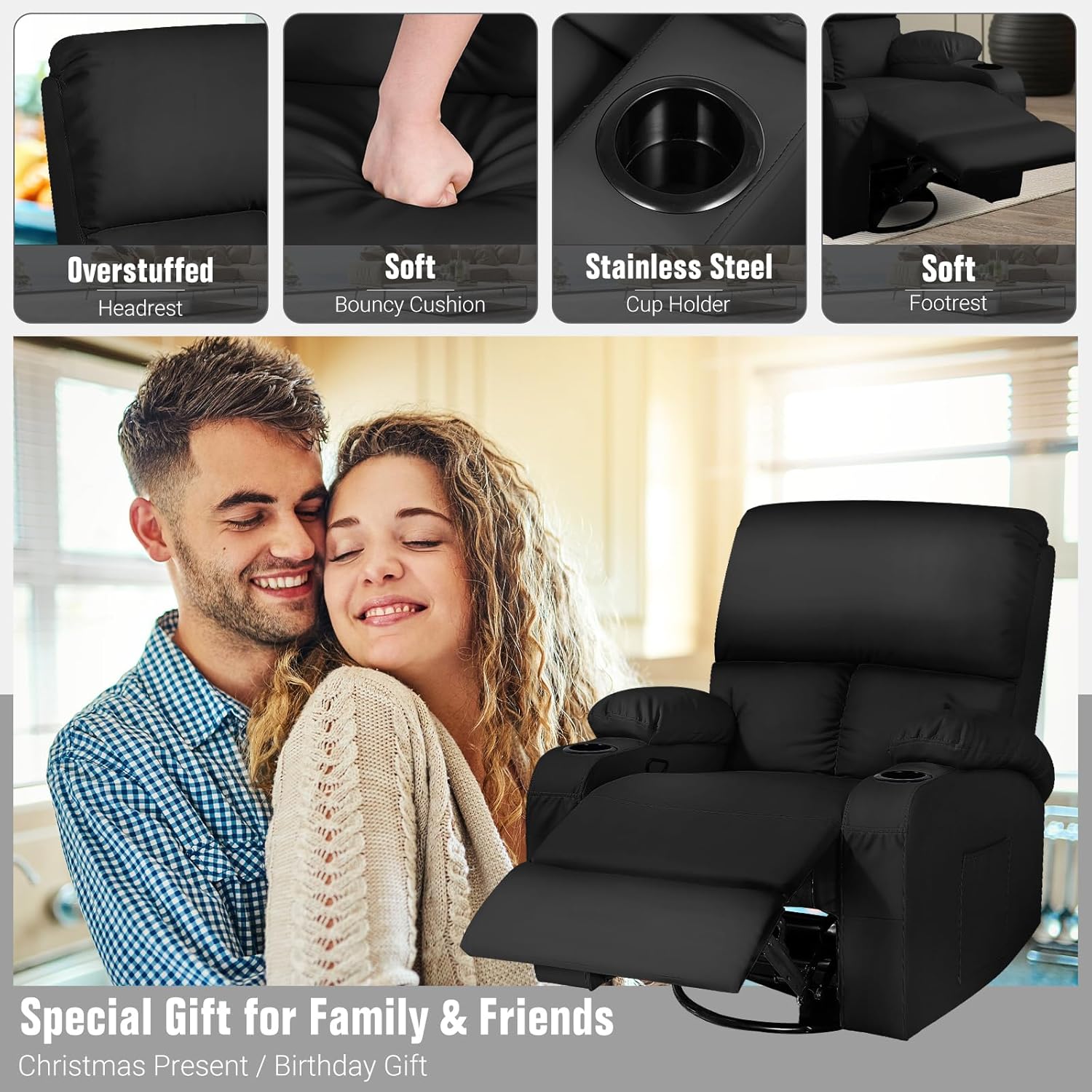 LAFWELL 360 Swivel Rocking Recliner Chair with Vibration Massage and Heat for Living Room, Bedroom, Nursery, RV, Faux Leather, Black