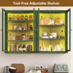 Waterproof Bathroom Metal Wall Cabinet with Light, Glass Doors & Adjustable Shelves – Green Over-Toilet Medicine Storage, Small Display Case for Collectibles