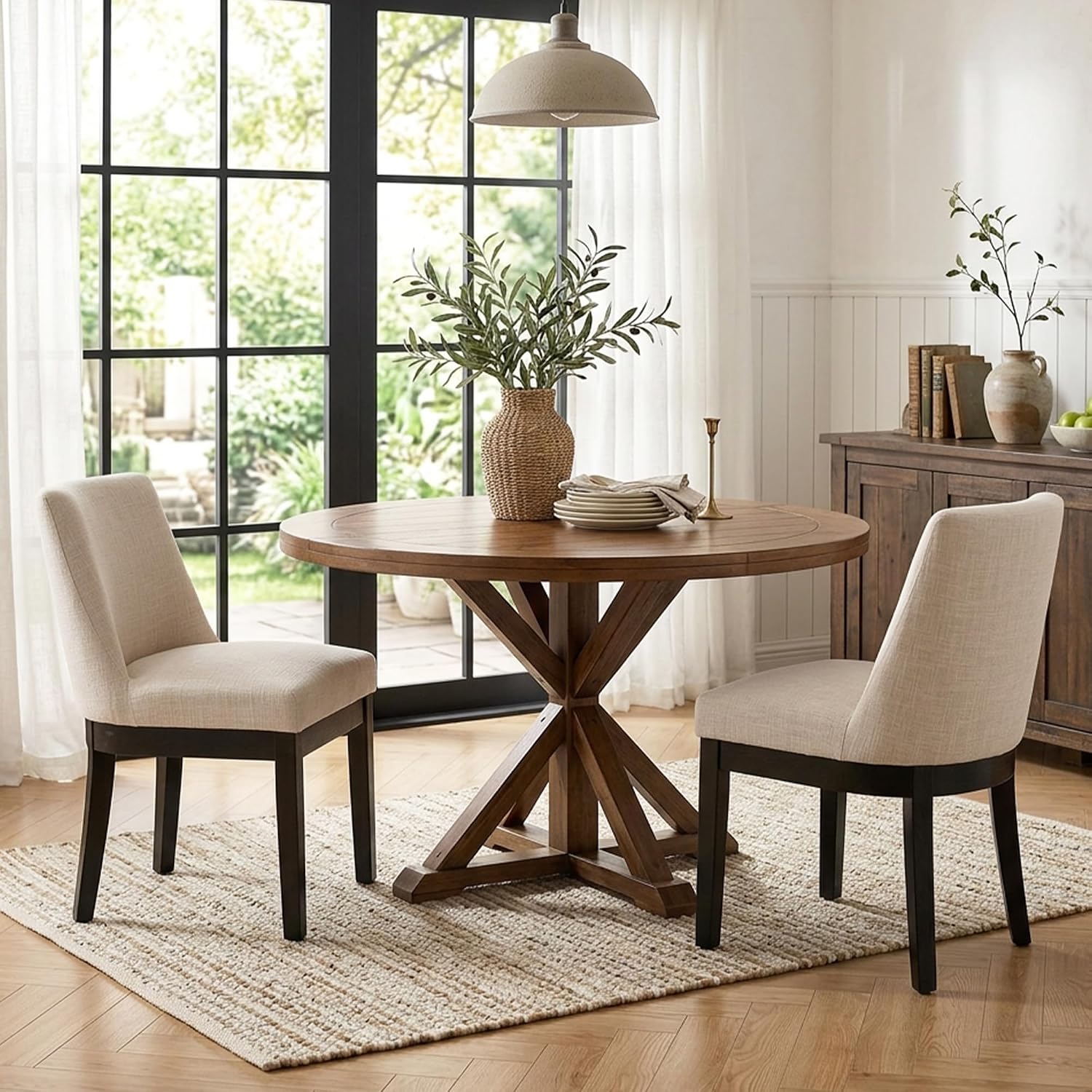 HNY Modern Dining Chairs Set of 2 with Comfortable Back Support, Farmhouse Soft Linen Upholstered Dining Room Chairs with Black Solid Wood Legs, Armless Kitchen Side Chairs for Living Room, Beige