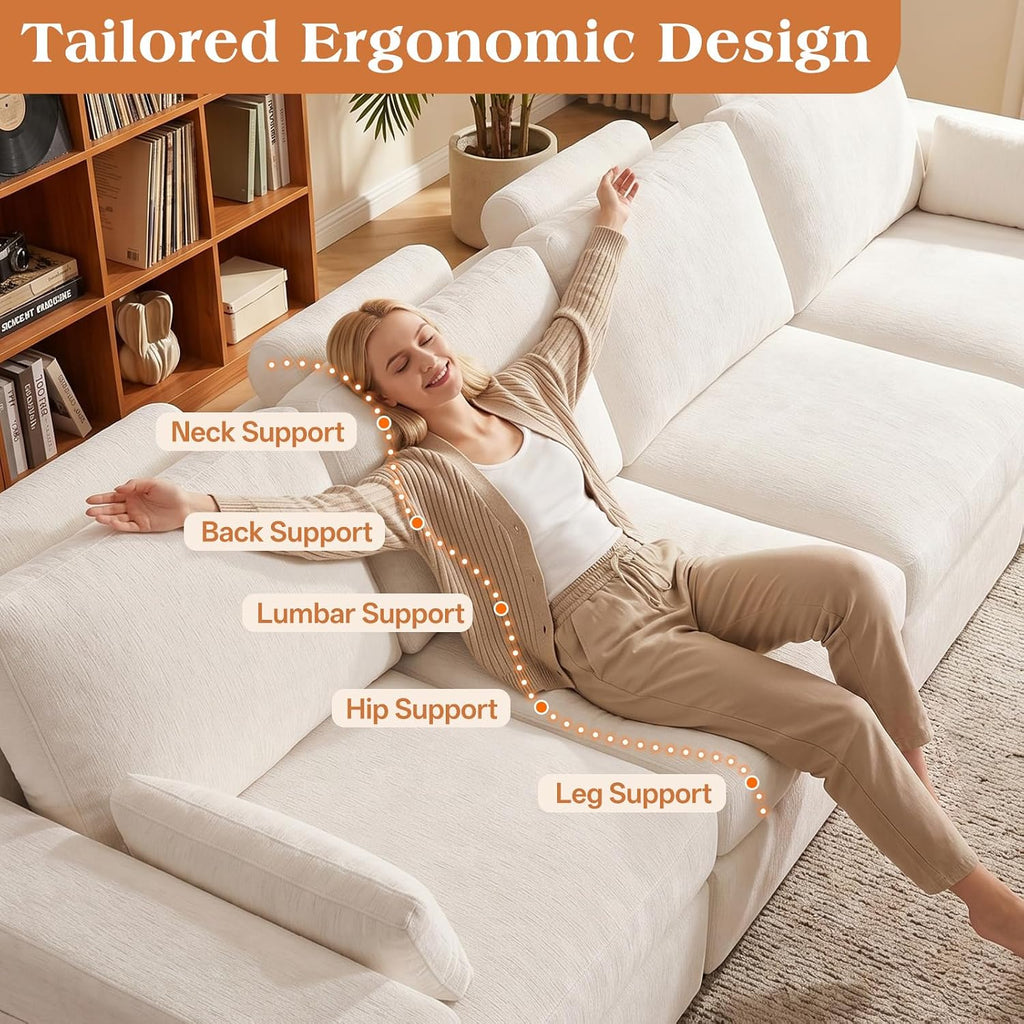 136" Cloud Modular Sectional Sofa with Detachable Comfort Seat Cushion, U-Shaped Convertible Boneless Couches for Living Room, Rearrange Freely, No Assembly, Warm White, 6-Seater Ensemble
