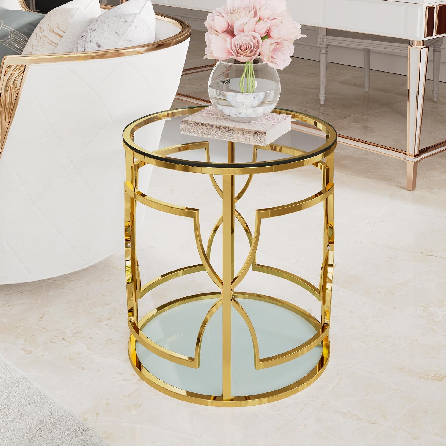 Polibi 19.7" Round Gold Metal End Table with Tempered Glass Top & 2-Tier Shelf, Luxury Side Table for Living Room, Bedroom, Small Apartment, Office (Transparent)