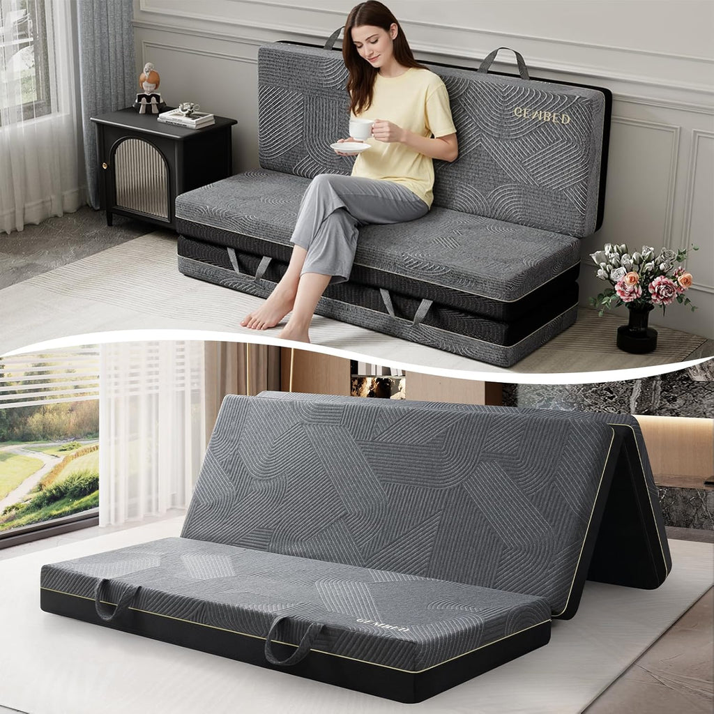 GEMBED Tri Folding Mattress Queen Size - Memory Foam Tri-fold Handle & Non-Slip Bottom, Portable Foldable Sofa Bed Floor Chair for Travel RV Camping Guest Yoga - 6 Inch, 78"x58"x6"