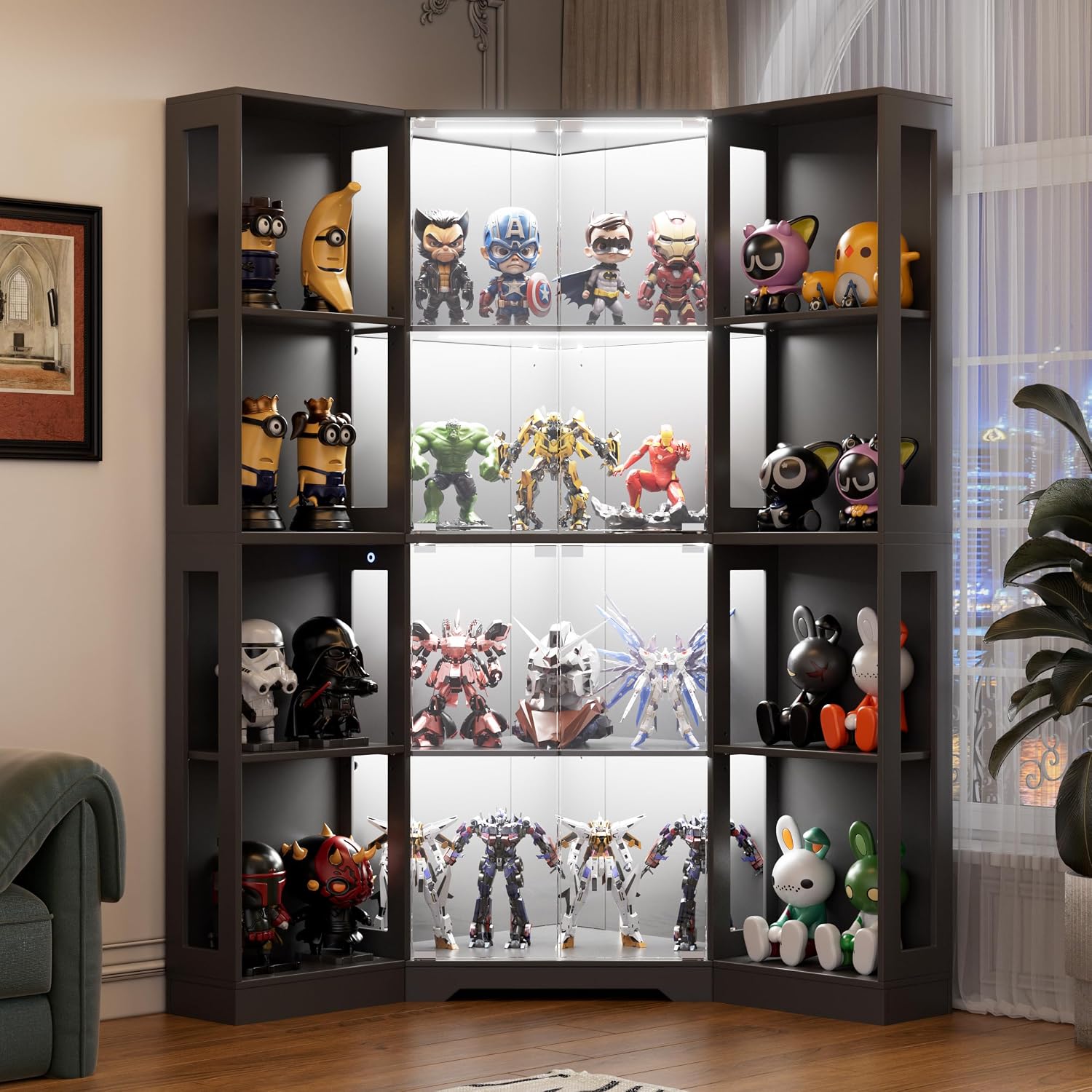 PAKASEPT Corner LED Glass Door Display Curio Cabinet/Display Case | 3 adjustable tiers,3-color LED light,pop-up tempered glass doors,living room collectible storage