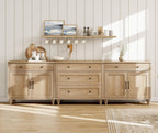 WAMPAT Buffet Cabinet with 5 Drawers and 4 Doors, Vintage Wood Grain Design, Farmhouse Coffee Bar with Storage, Morden Sideboard Cabinet for Dinning Room, Kitchen, and Living Room, 101 inch, Oak