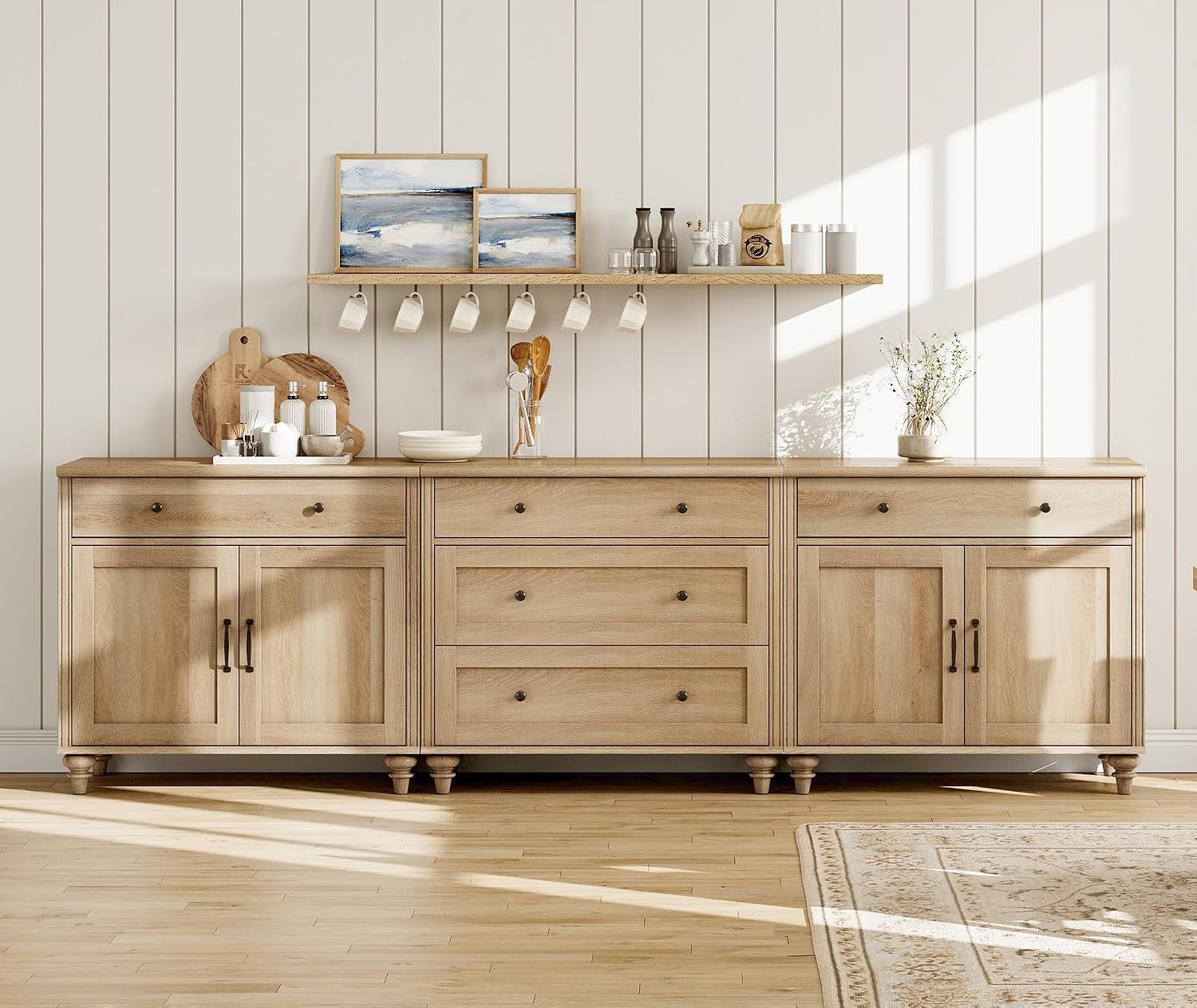WAMPAT Buffet Cabinet with 5 Drawers and 4 Doors, Vintage Wood Grain Design, Farmhouse Coffee Bar with Storage, Morden Sideboard Cabinet for Dinning Room, Kitchen, and Living Room, 101 inch, Oak