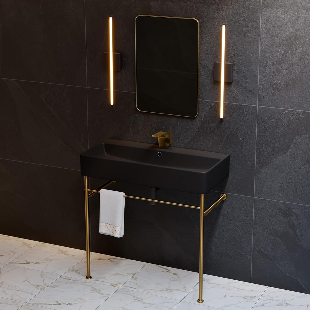 Carre 36" Ceramic Console Sink Matte Black Basin Brushed Gold Legs
