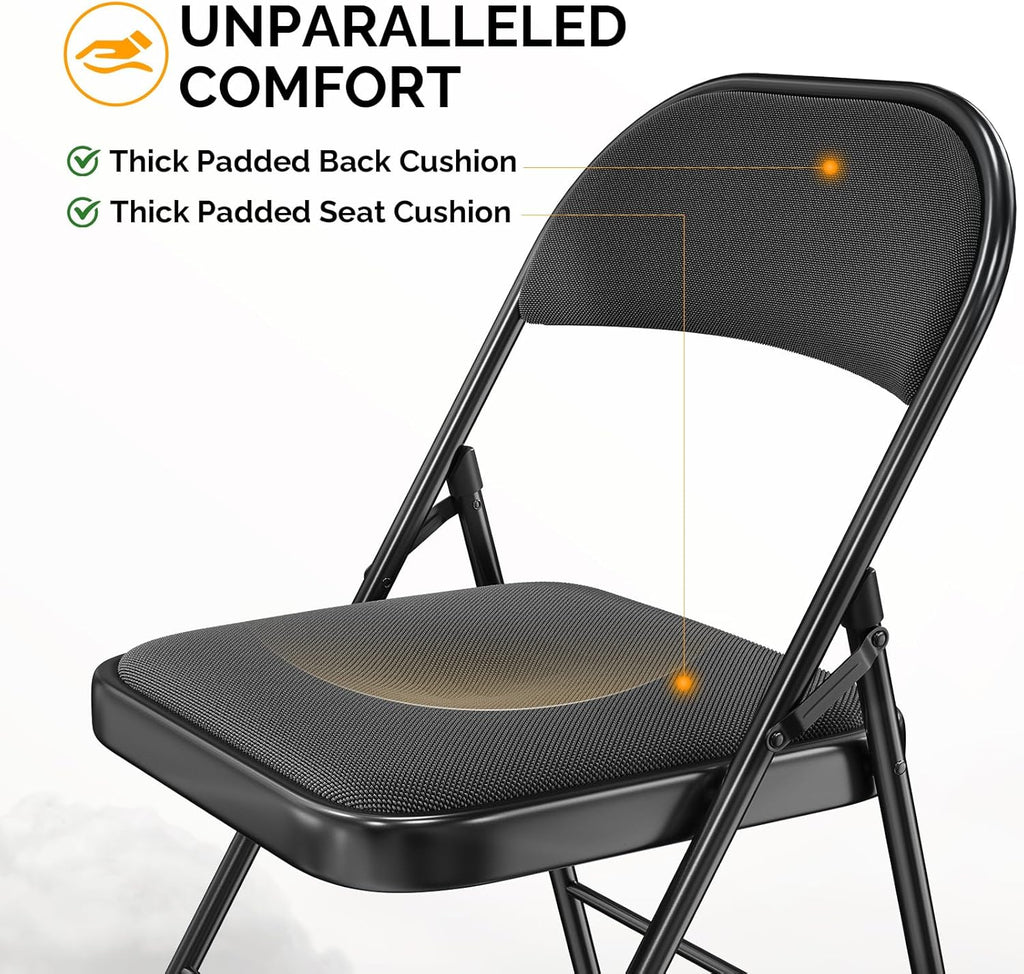 Bonnlo Folding Chair, Fabric Padded Folding Chairs with Cushion, Back and Steel Frame for Indoor Outdoor Outside Dinning Office Camping Use, Black, 6 Pack