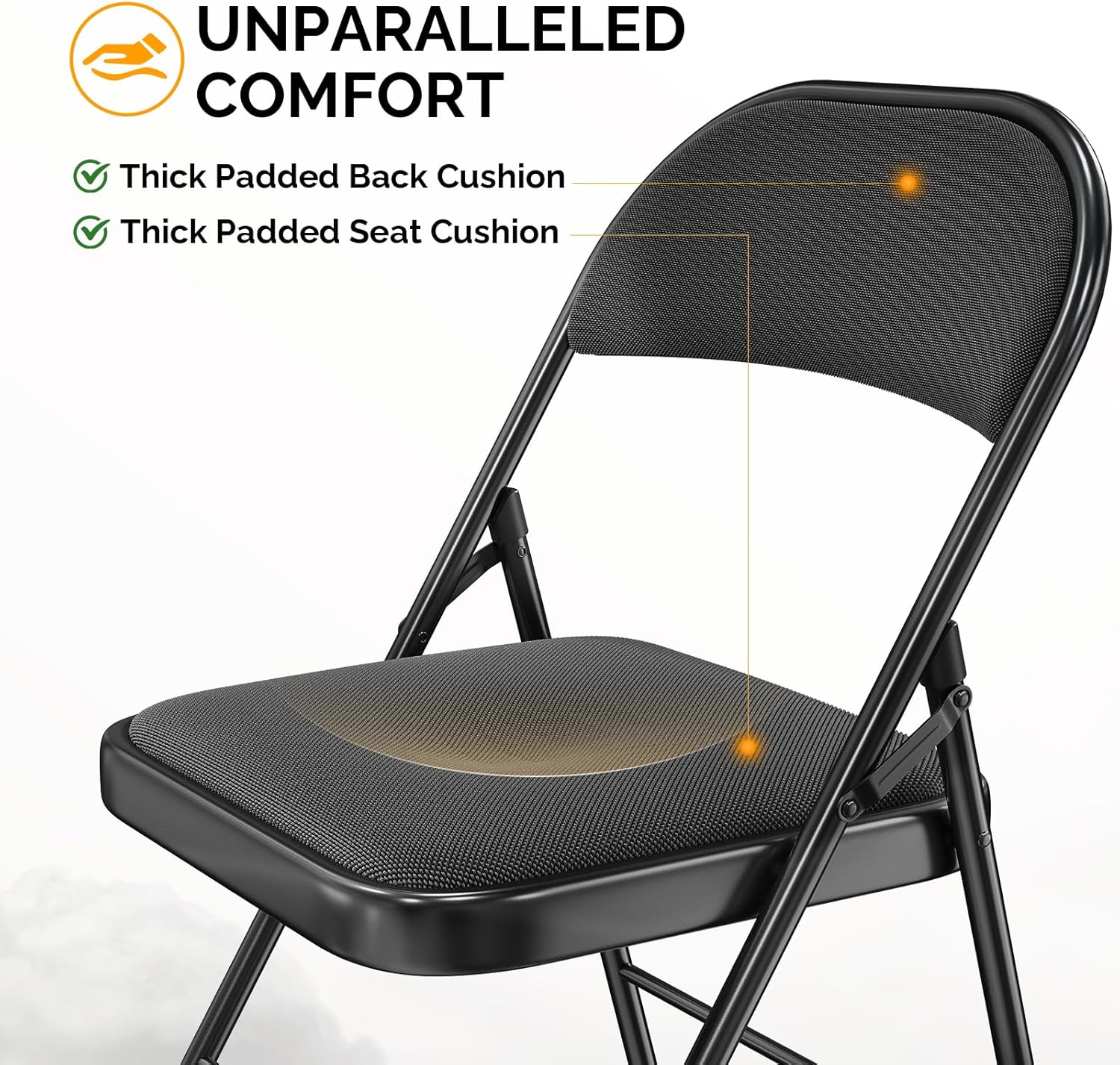Bonnlo Folding Chair, Fabric Padded Folding Chairs with Cushion, Back and Steel Frame for Indoor Outdoor Outside Dinning Office Camping Use, Black, 6 Pack