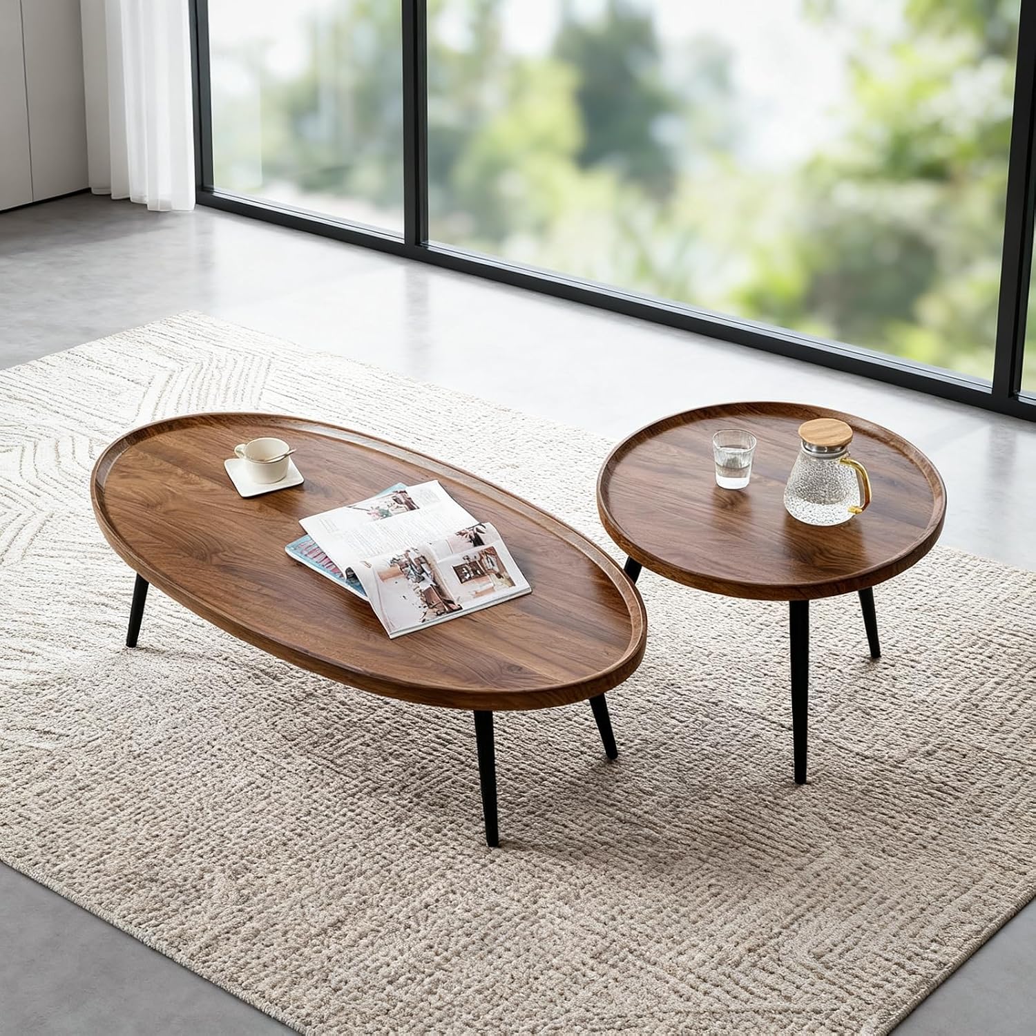 Nesting Coffee Table Set of 2-Mid Century Modern Guitar Pick Stacking Tables with Solid Wood Legs-Waterproof Circle Center Table for Living Room Bedroom Balcony