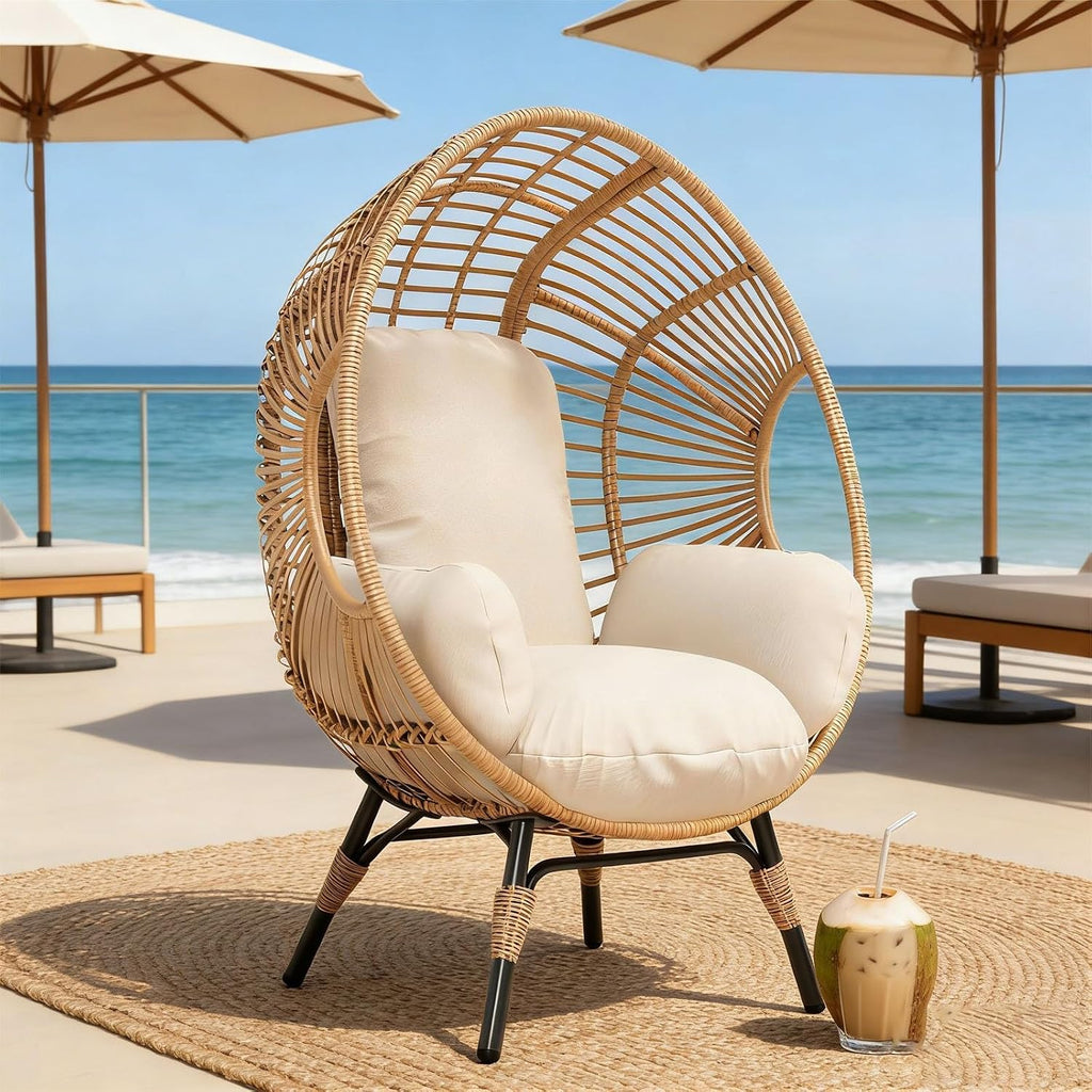 Wicker Egg Chair Outdoor Indoor, 400lbs Capacity, Plush Fabric, Removable Washable Cover Balcony Chairs(Natural)