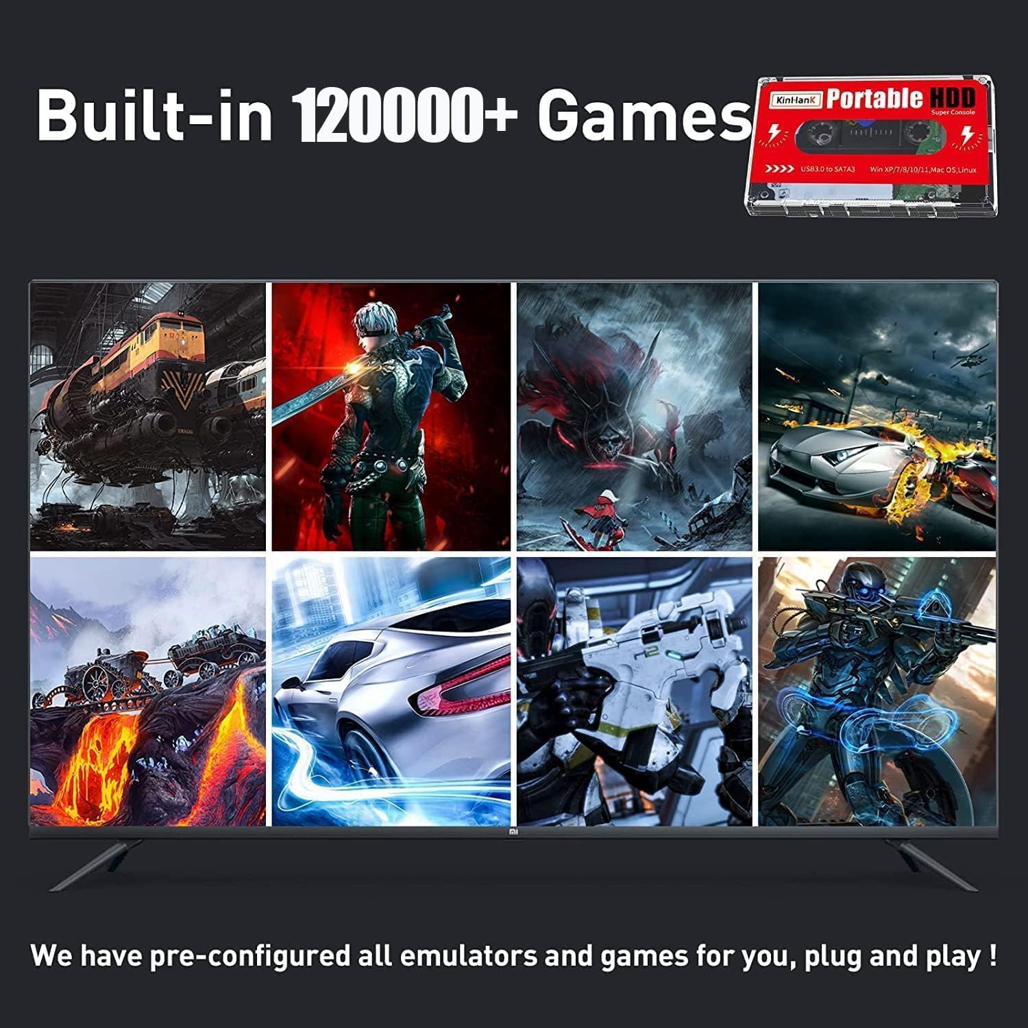 Kinhank 2TB Game Hard Drive, Built-in 120000+ Games, Batocera 33 System, External Hard Drive Compatible with Mac OS/Linux/Windows XP/7/8/10/11, Portable HDD, USB 3.0
