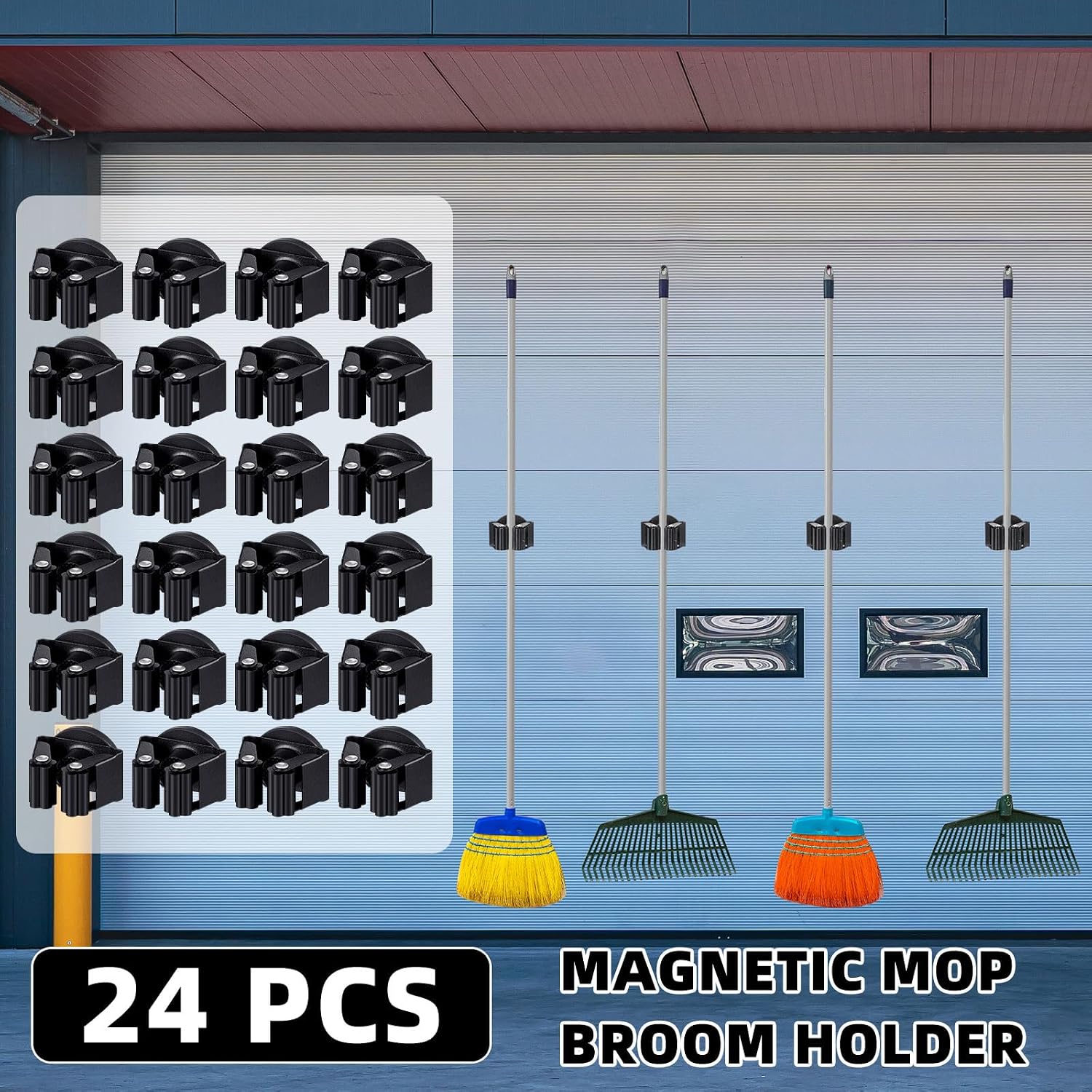 Vercraft 24 Pcs Magnetic Mop Broom Holder Movable Magnetic Broom Holder Rack, Anti Slip Wall Mounted Utility for Cleaning Tools, Garage, Kitchen, Laundry, Garden (Black)