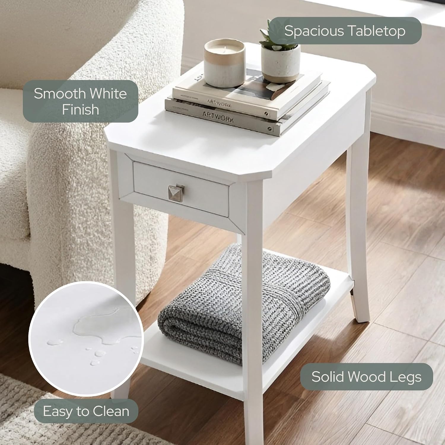 Convenience Concepts Designs2Go Ensenada Chairside End Table 23.75" - Transitional Narrow Side Accent with Storage Drawer & Shelf for Modern Living or Family Room, Bedroom Nightstand, White