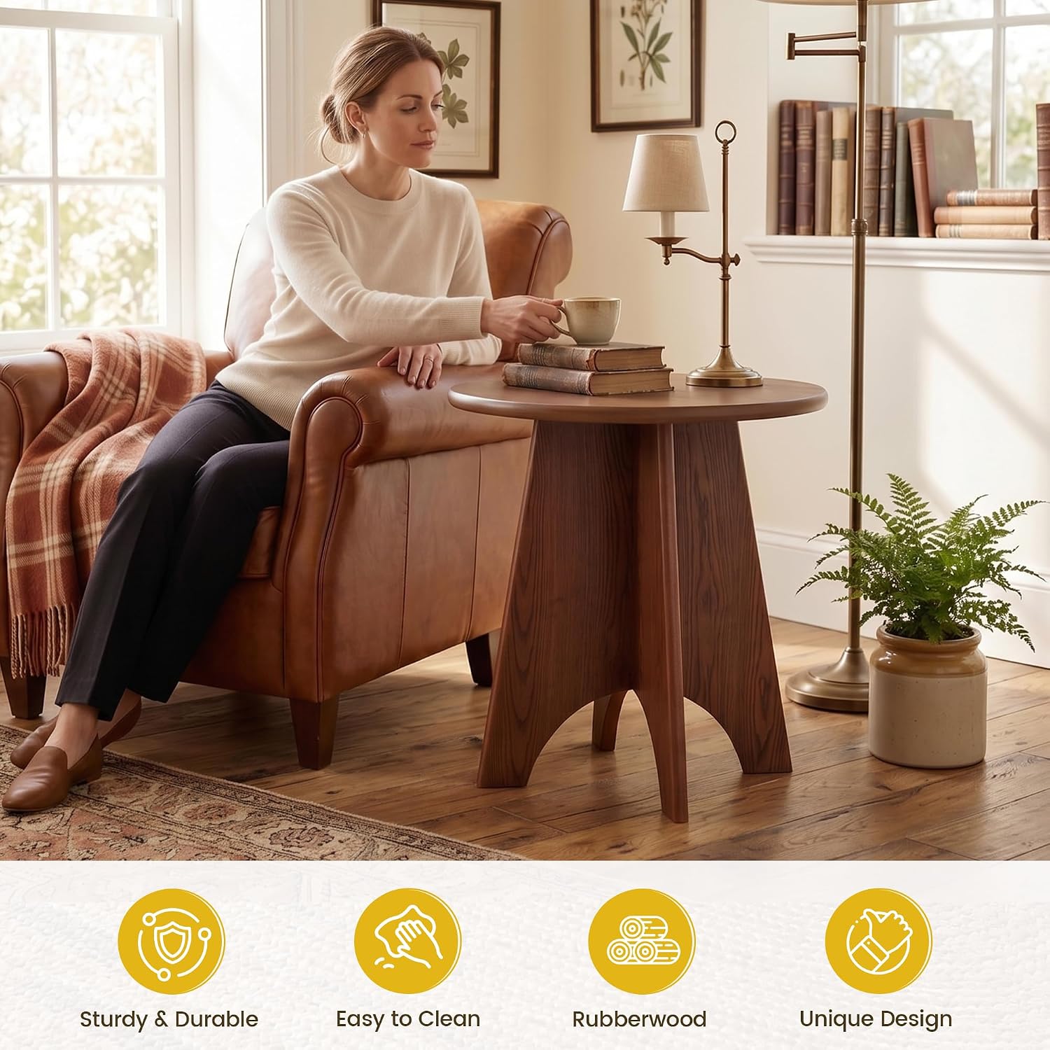 chairus Modern Sculptural Side Tables Set of 2, 17.5" Round End Table with Panel Legs, MDF Wood Veneer Accent Table, Small Sofa Side Table for Living Room Bedroom, Nightstand, Walnut