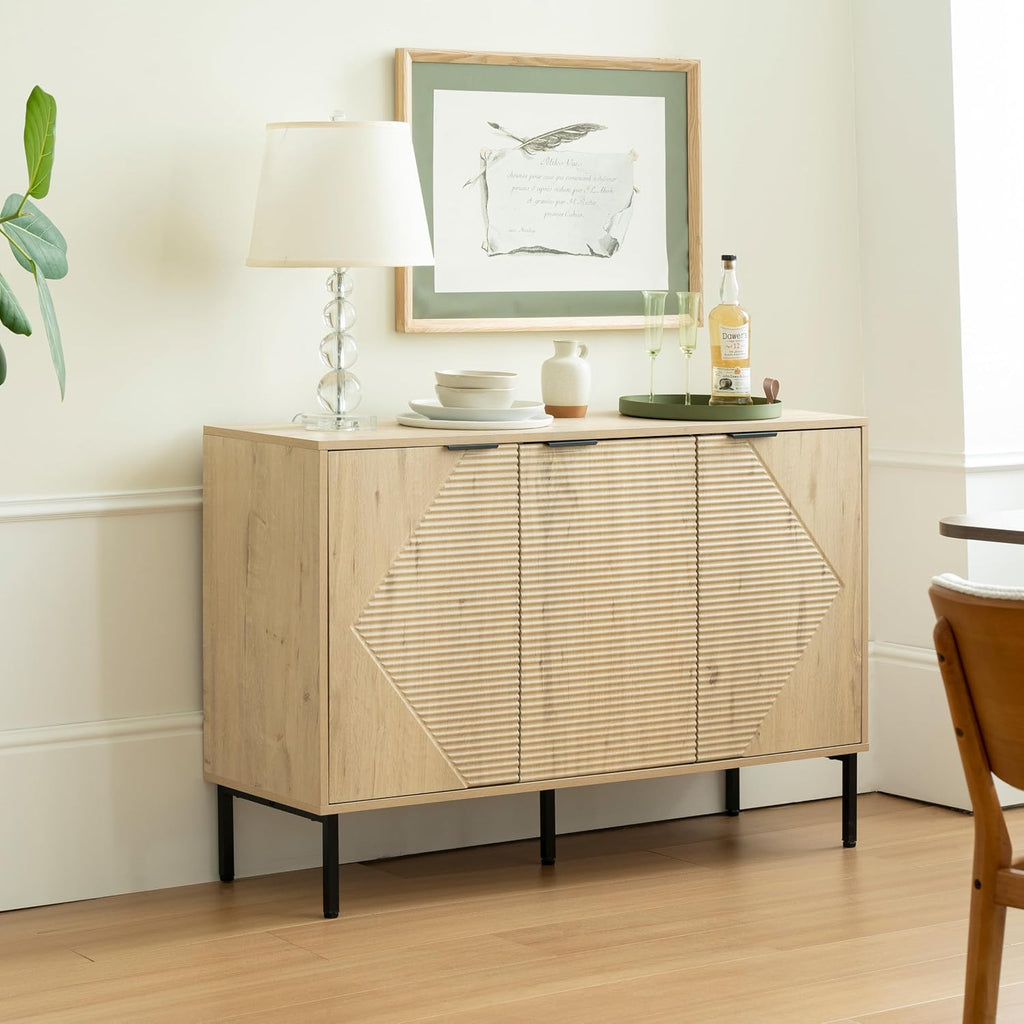 Buffet Cabinet with 3 Fluted Doors, Large Coffee Bar Table, Wooden Storage Cabinet, Modern Farmhouse Sideboard Credenza for Dining Room, Kitchen, Living Room, 15.35"x45.98"x31.5", White Oak