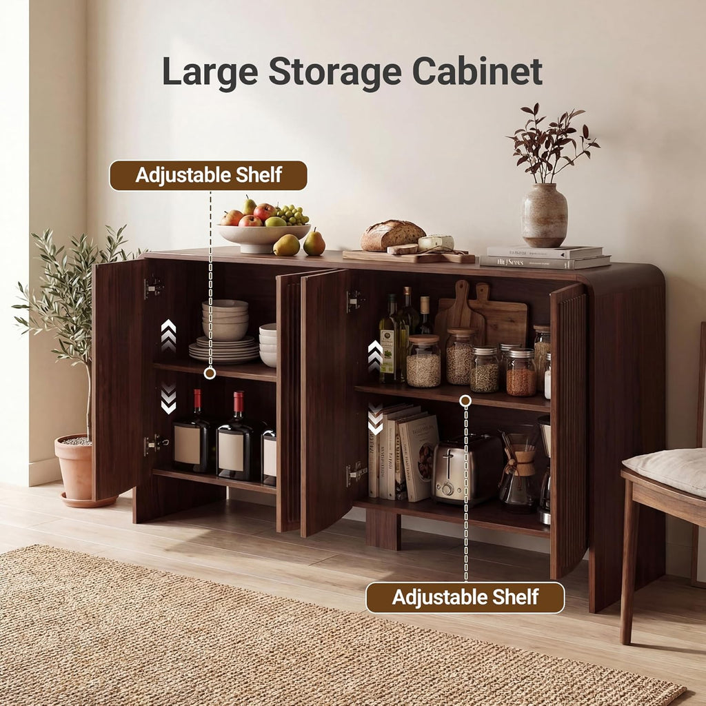 Seang Fluted Sideboard Buffet Cabinet with Storage,58" Modern Sideboard Cabinet with Curved Design & Adjustable Shelves,Wood Console Table for Living Room,Entryway,Kitchen,Walnut