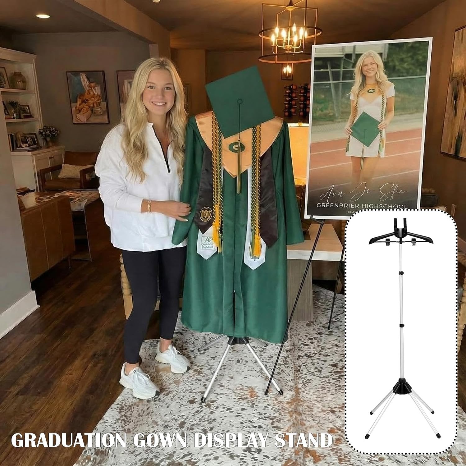 Bucherry Graduation Gown Display Stand Adjustable Garment Hanger for T Shirt Portable Hanging Metal Clothes Stand for Cap Clothing Jacket Coat Shirt Display (Rack,Silver and Black,32"-63")
