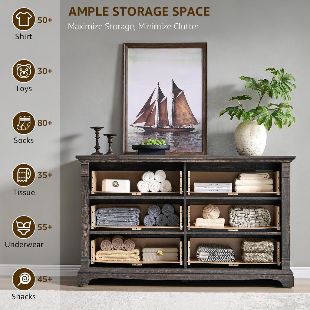 6 Drawers Dresser for Bedroom, 54" Wide Wood Large Dressers w/Roman Column | Dressers & Chests of Drawers, Wooden Dresser TV Stand for Nursery Bedroom Living Room Hallway,Dark Rustic Oak