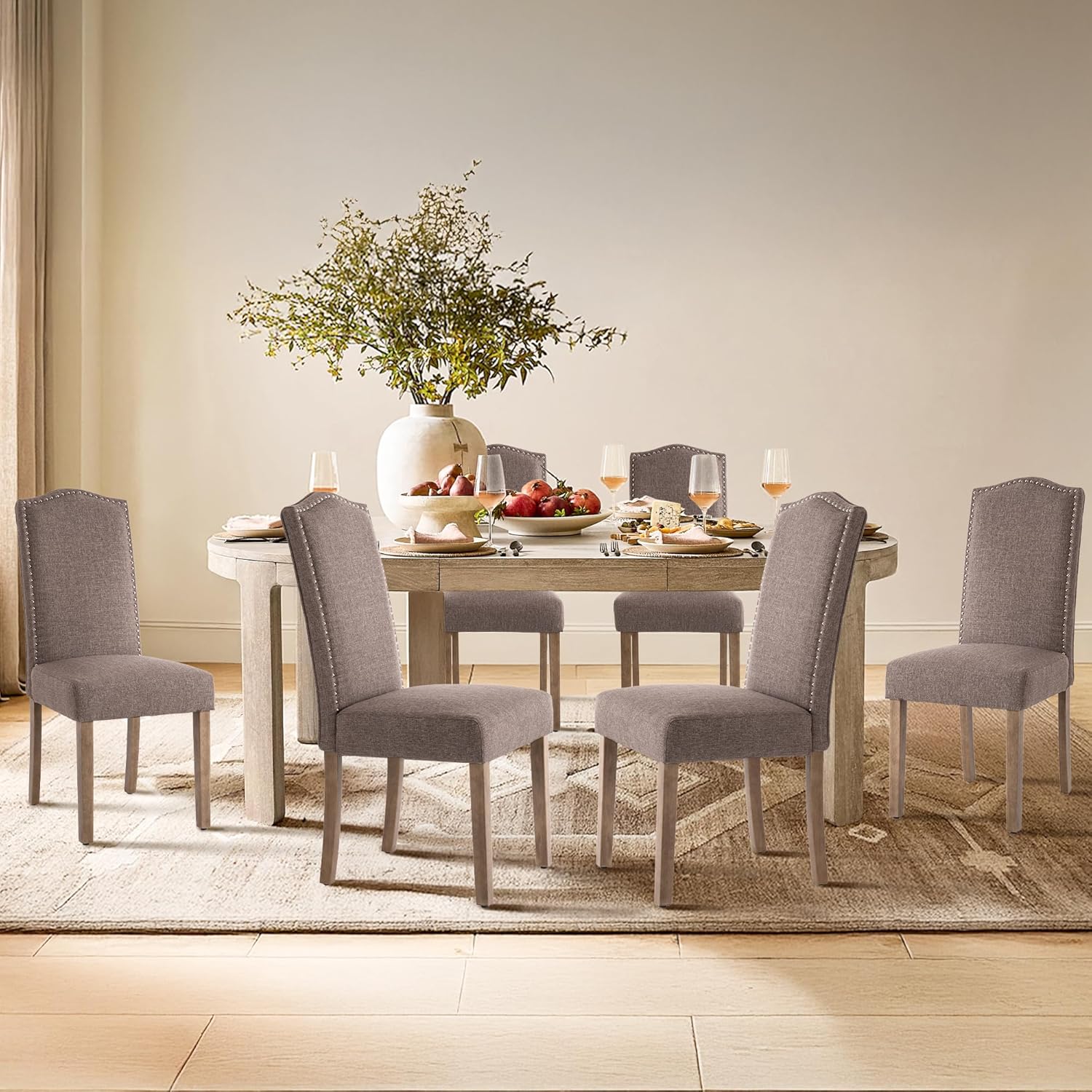 Upholstered Dining Chair Modern Stylish Parsons Kitchen Diner High Back with Silver Nailhead Trim & Wood Legs, Set of 4, Fabric Brown