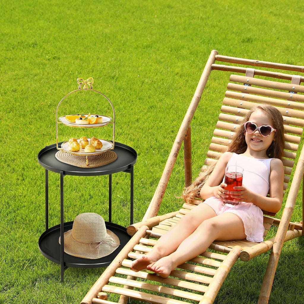 2 Tier End Table Metal Side Table Waterproof Small Sofa Coffee Side Tables Bedroom Indoor Outdoor for Living Room Bedroom Balcony and Office