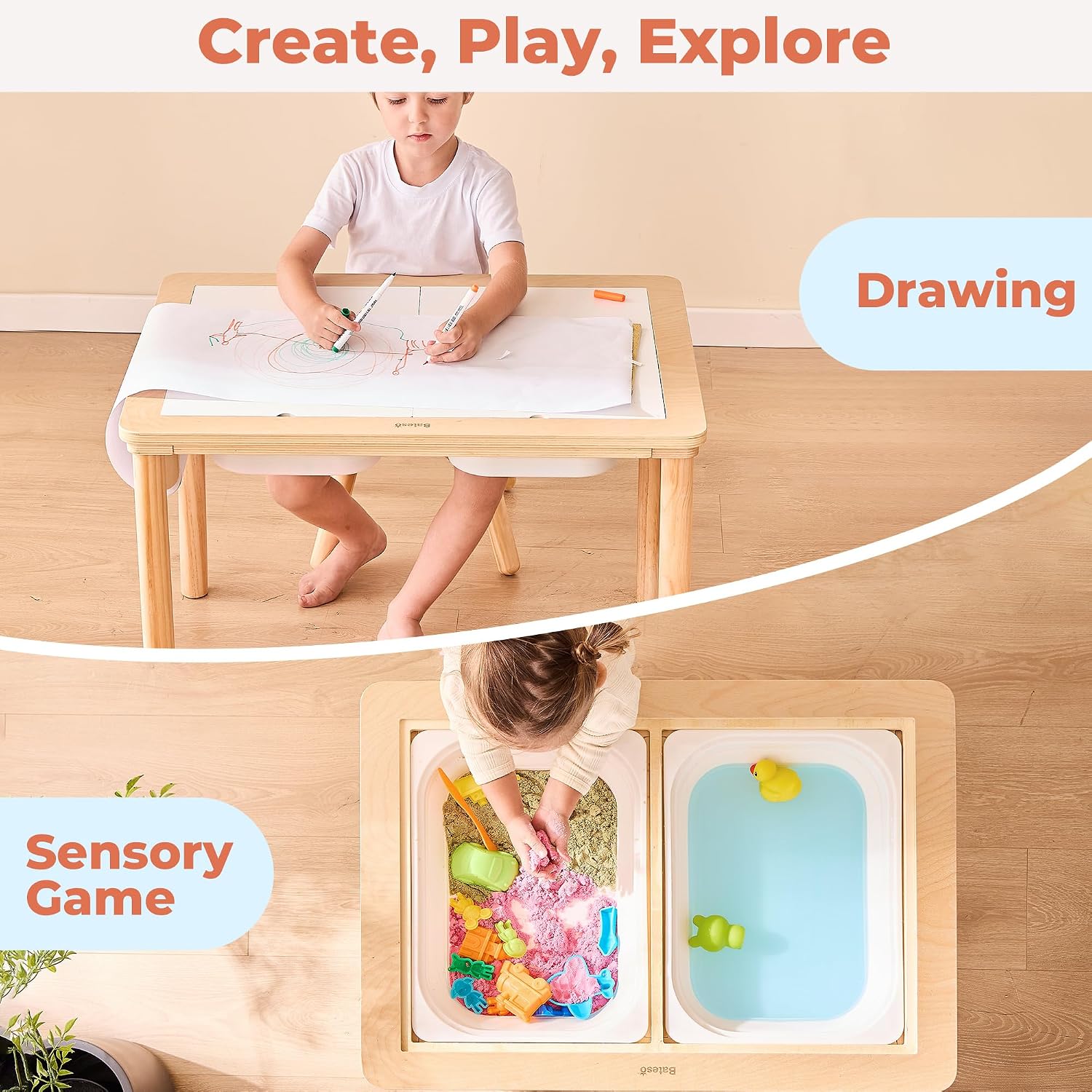 Bateso Sand and Water Table for Toddlers with 2 Storage Bins, Wooden Activity Table with Double-Sided Boards, Sensory Table, Indoor & Outdoor Use