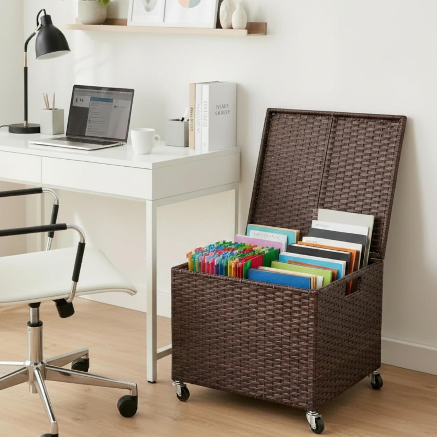 BIRDROCK HOME Rolling Filing Cabinet - Weatherproof Rattan-Style Storage Box or Resin Deck Chest with Wheels for Organizing Cushions, Toys, and Accessories in Home, Office, or Garden (Espresso)