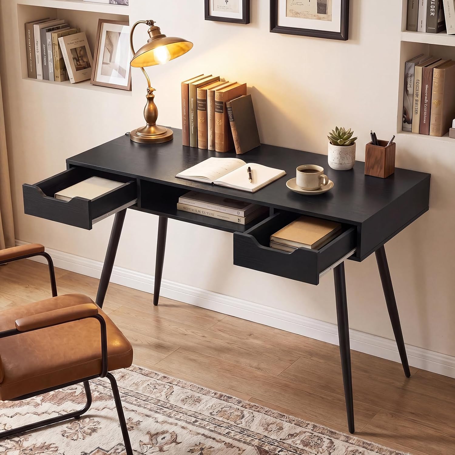 Tangkula Mid Century Modern Computer Desk, Writing Desk with 2 Drawers & Open Center Storage, Small Wooden Study Table for Home Office & Compact Spaces (Black)