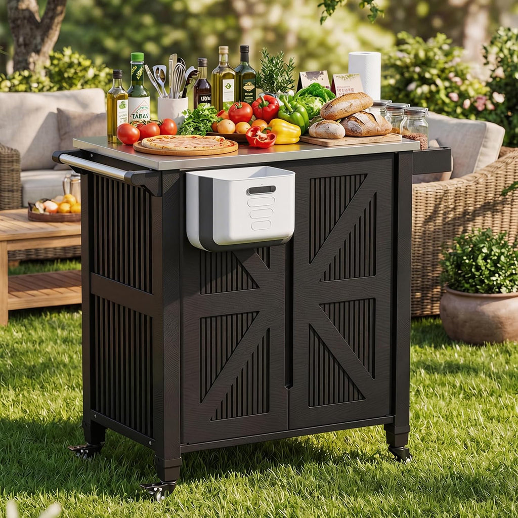 Spurgehom Outdoor Grill Cart with Storage Movable Outdoor Grill Table Kitchen Island with Wheels, BBQ Cart Pizza Oven Table Food Prep Table Cart Storage Cabinet for Outside Patio Backyard Garden